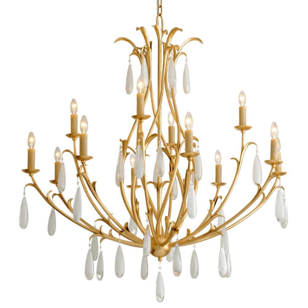 Elegant Gold Leaf Crystal 12-Light Chandelier with White Meteorite Glass