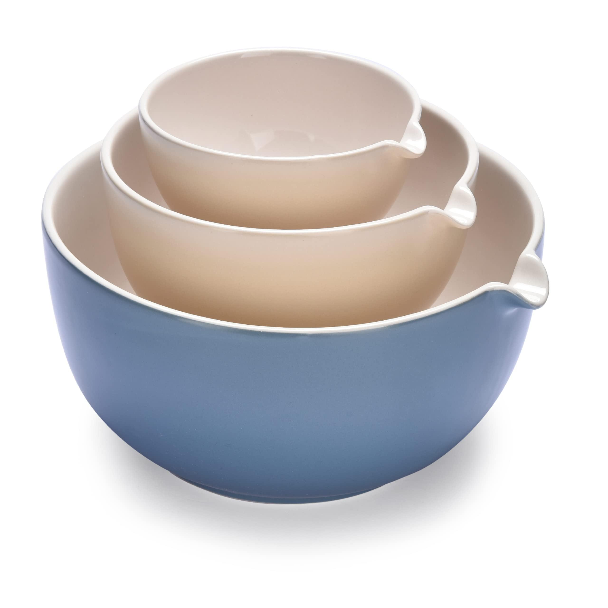 Set of 3 Blue and Beige Ceramic Mixing Bowls with Lids