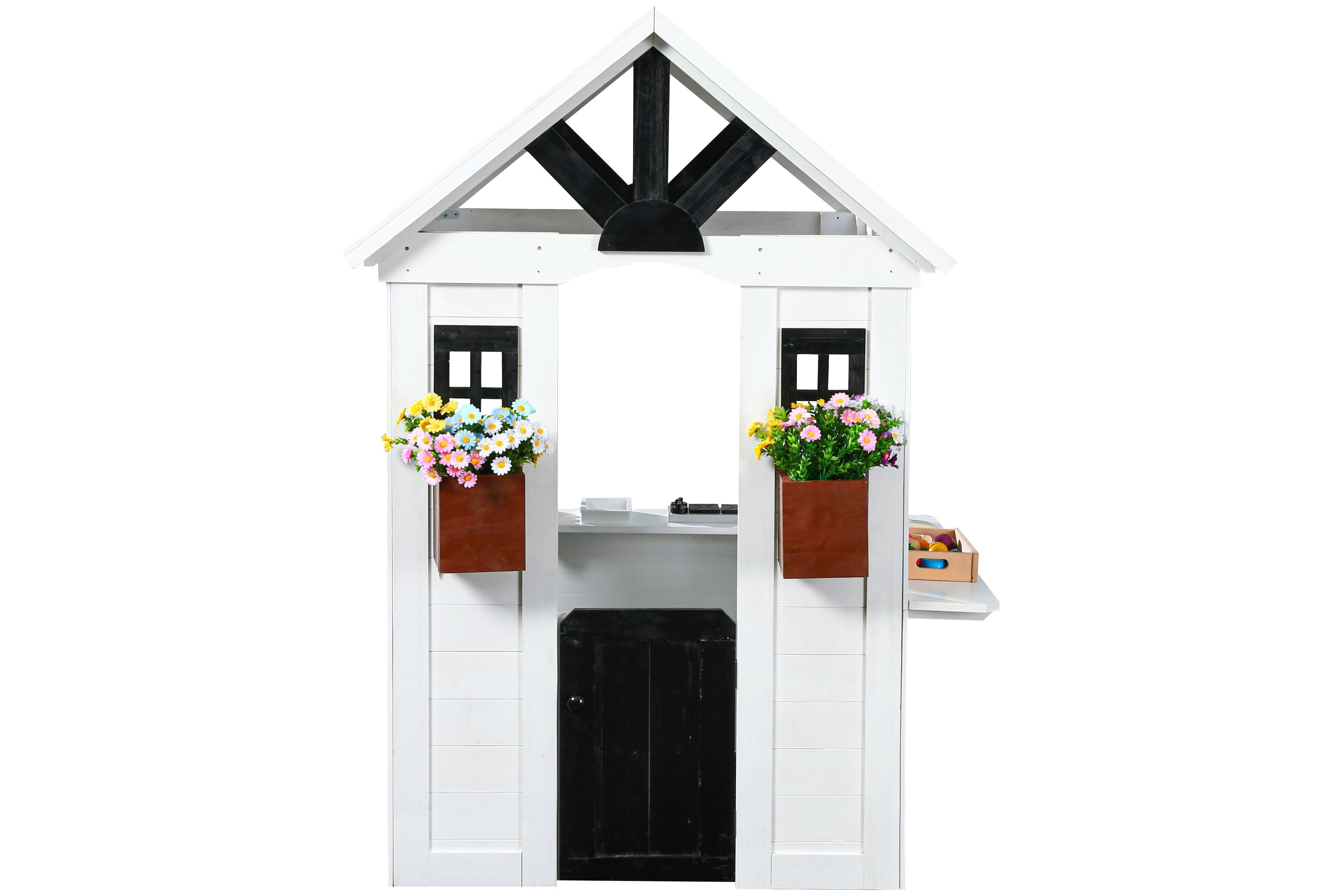 Ajure White and Black Cedar Wood Playhouse with Kitchen and Garden