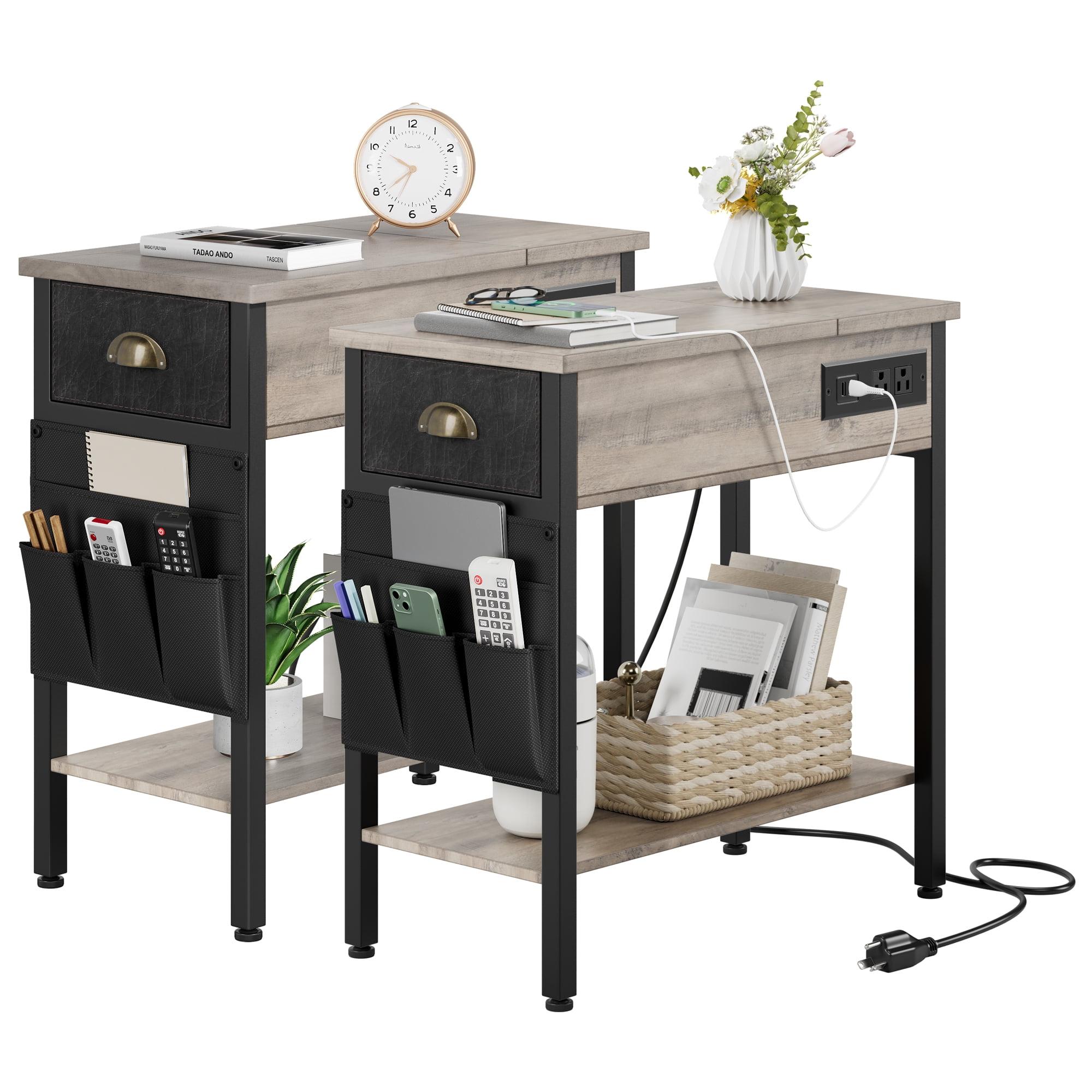 Gray MDF End Tables with Charging Station and Storage - 2PC