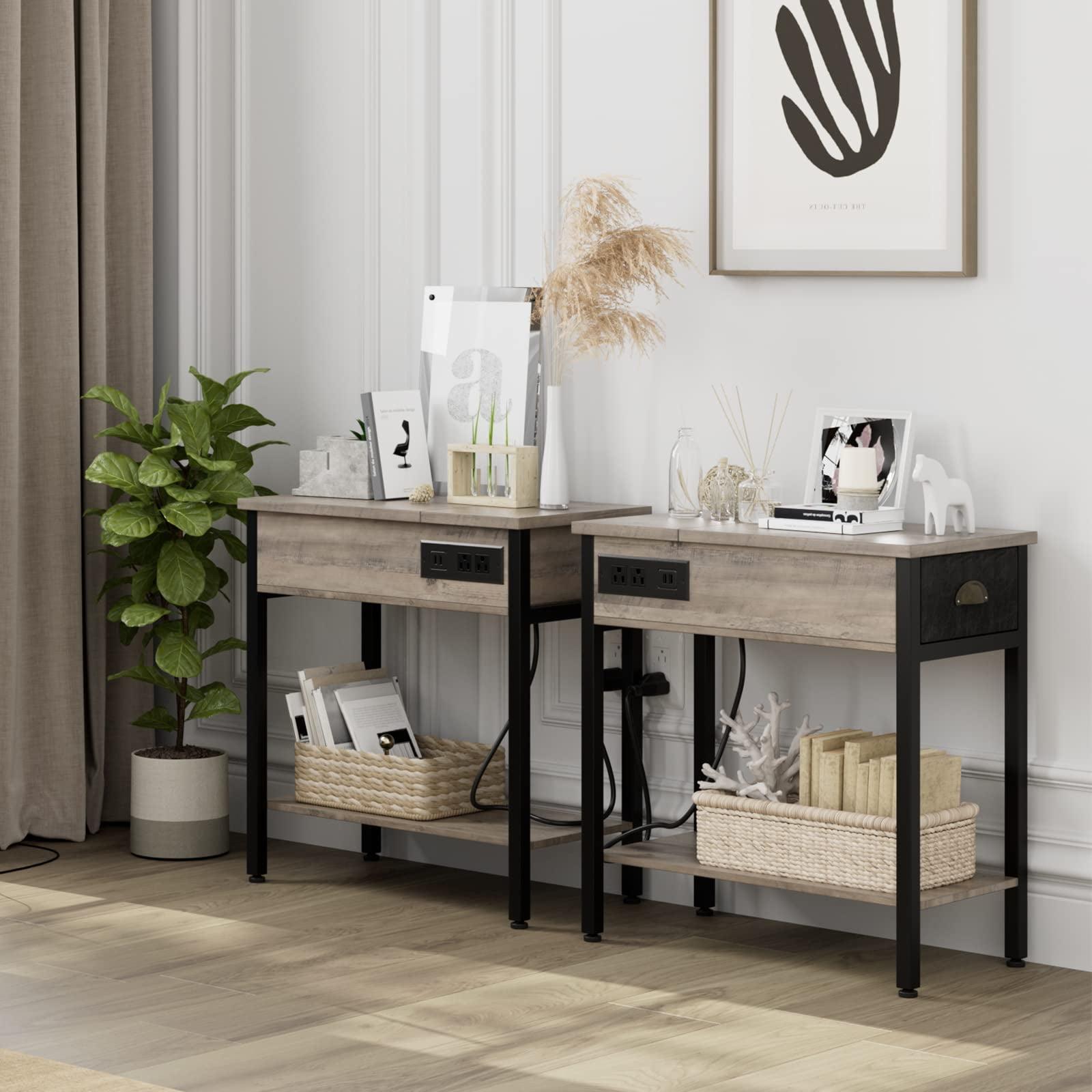 Gray and Black Wood Metal Side Tables with Charging Station and Storage