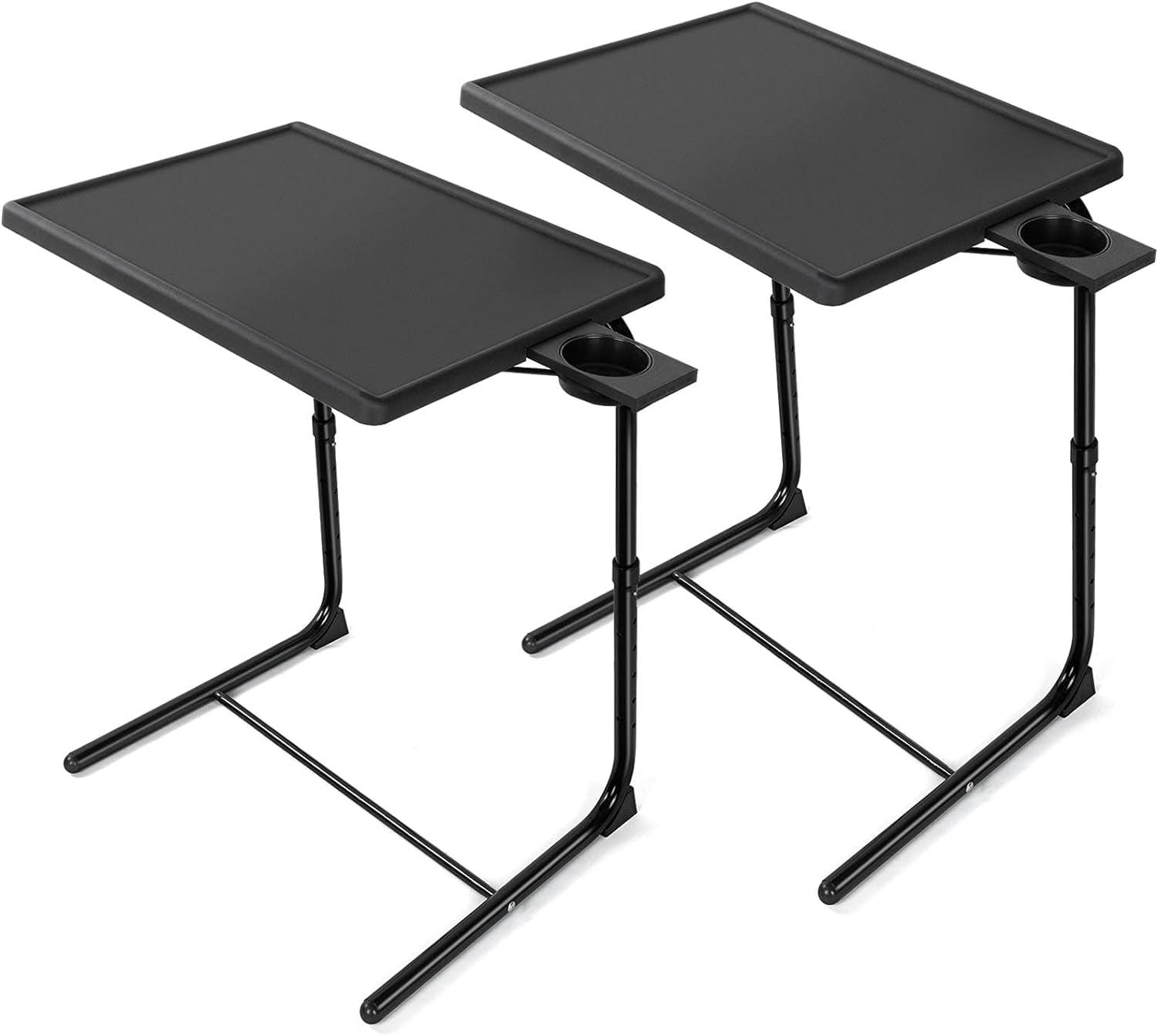 Adjustable Black Folding TV Tray Table Set with Cup Holder, 2 Pack