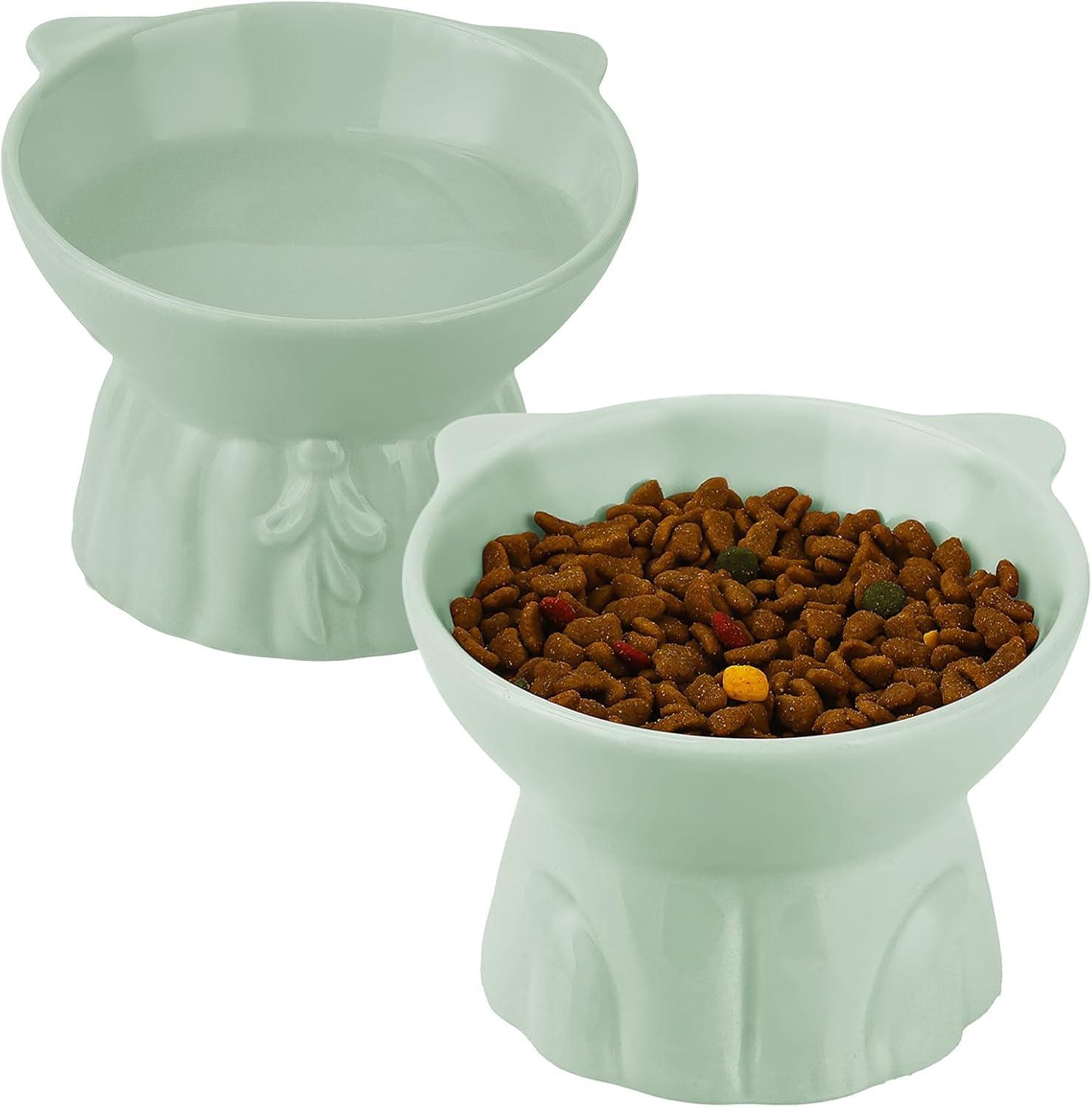 2Pcs Ceramic Elevated Cat Bowls, Extra Wide Raised Cat Bowls for Food and Water, Shallow Cat Food Dish Whisker Friendly, Great Height for Cat (Green)