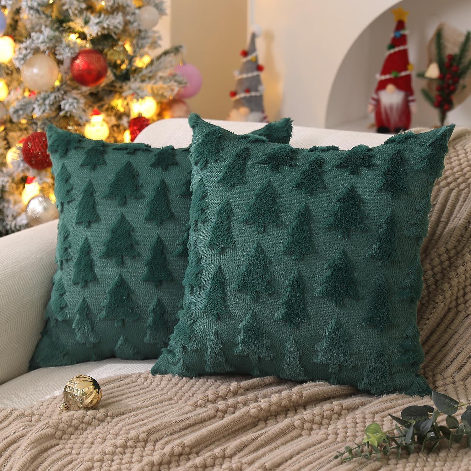 Lomyolo Farmhouse Decoration Christmas Tree Pillow Covers Pack of 2 - 18×18 Soft Faux Fuzzy Sofa Decorative Throw Cushions Cozy Fleece Fabric for Home Winter Holiday Christmas Decor