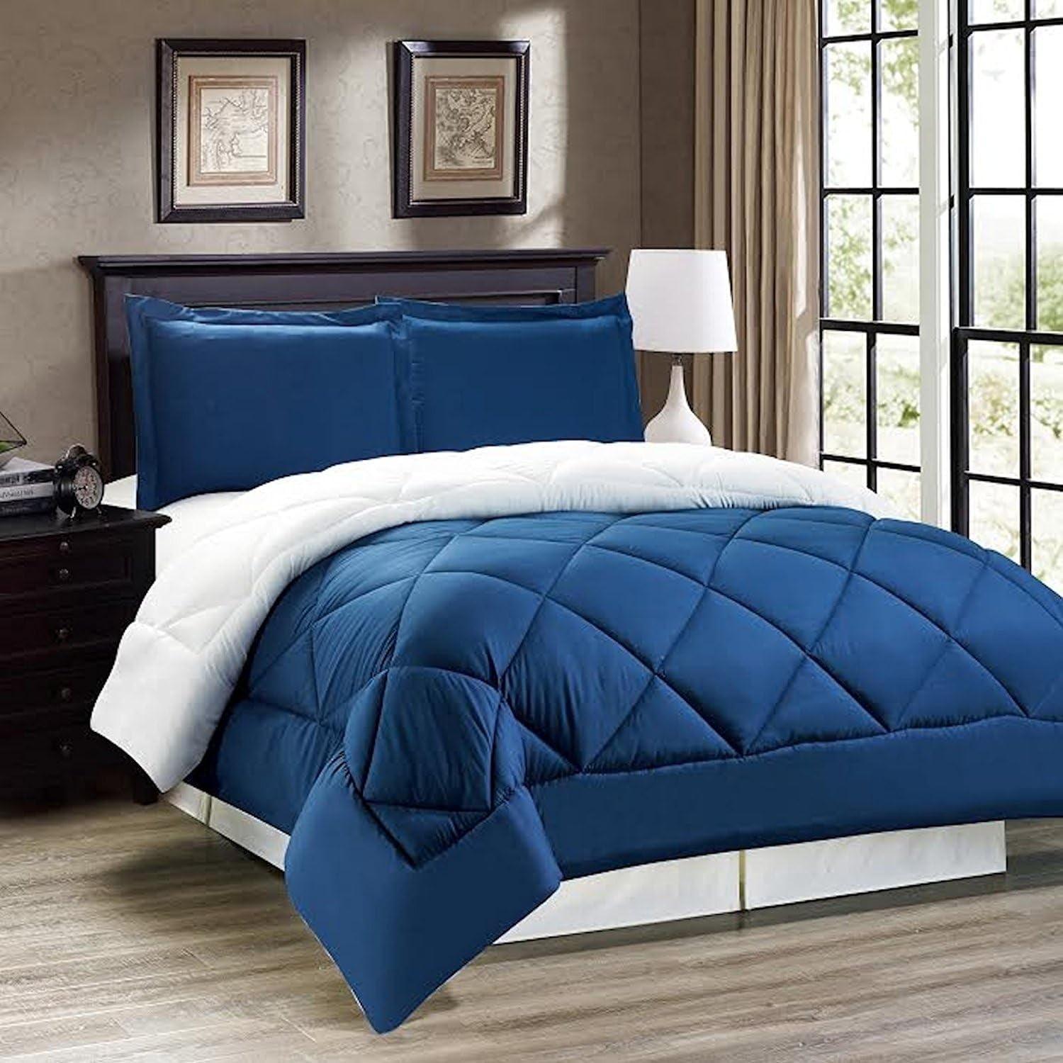 Twin Blue and White Reversible Microfiber Comforter Set