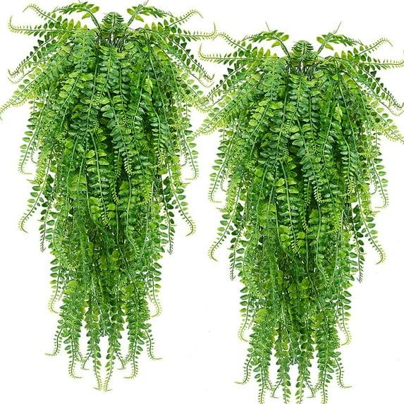 Artificial 2pack Fake Hanging Ferns Plant Faux Ivy Boston Outdoor UV Resistant Plastic (Green)