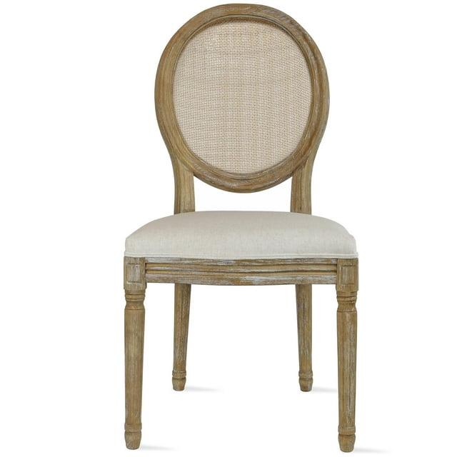 2xhome - French Chic Vintage Style Dining Side Chair With Upholstered Linen Welted Fabric And Elegant Natural Rustic Wood Frame - Rattan Wicker Oval Back, Set of 1, 1 piece