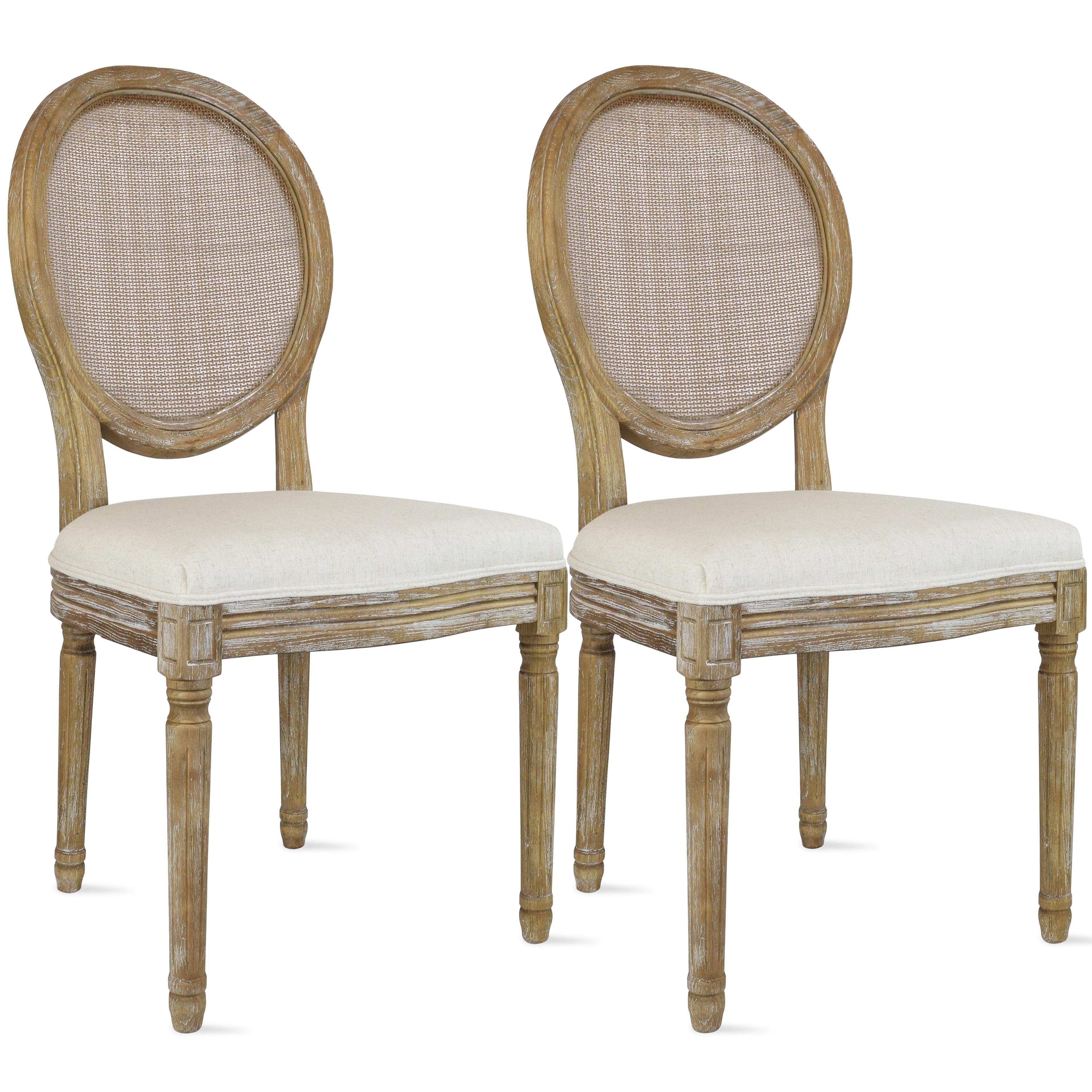 2xhome - French Chic Vintage Style Dining Side Chair With Upholstered Linen Welted Fabric And Elegant Natural Rustic Wood Frame - Rattan Wicker Oval Back, Set of 1, 1 piece