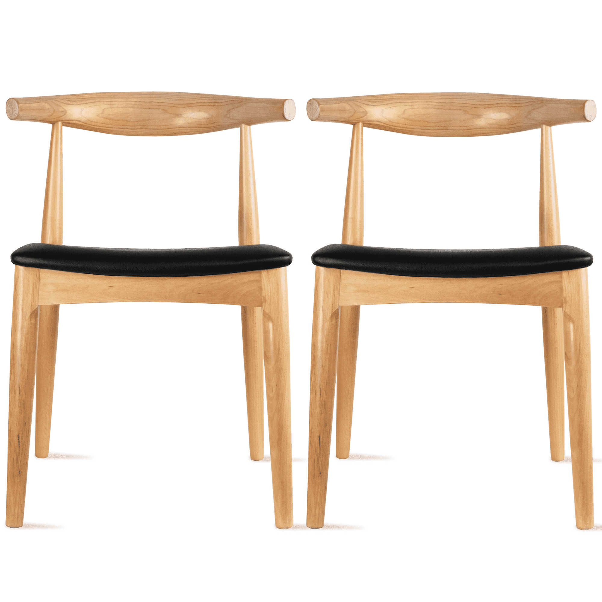 Natural Wood Low Side Chairs with Black Cushion Seats, Set of 2