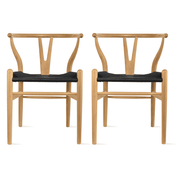 2xhome Set of 2 Wishbone Solid Wood Armchairs with Arms Open Y Back Farmhouse Dining Office Chairs with Woven Black Seat, Natural