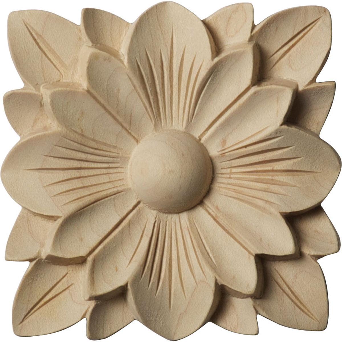 3.5" Square Unfinished Rubberwood Rosette Applique