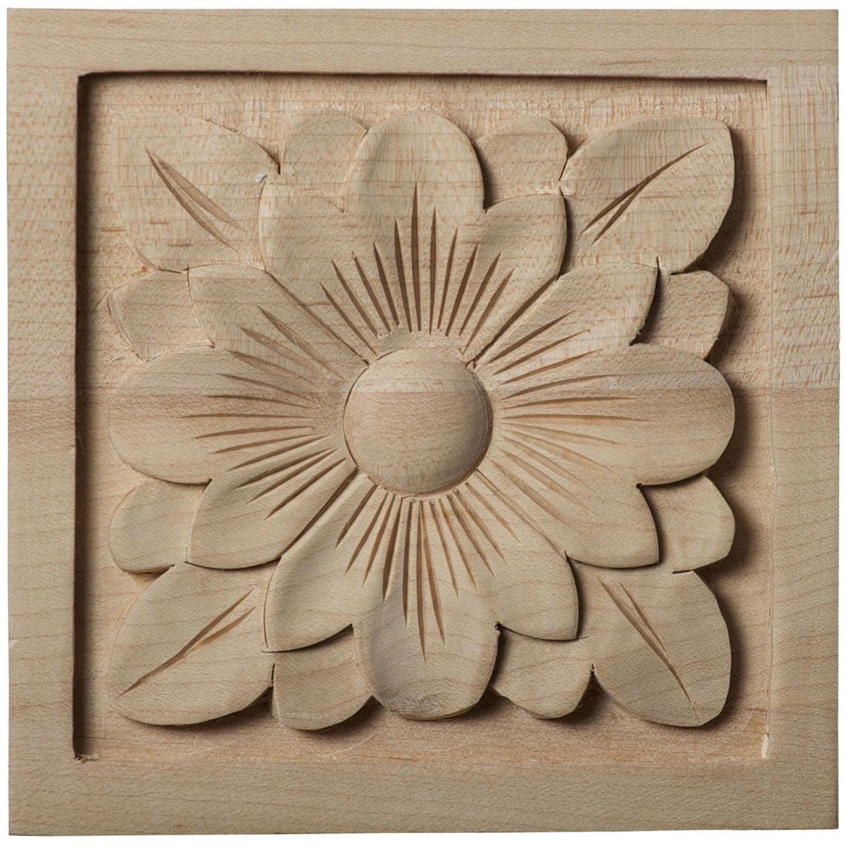 Medium Dogwood Flower Square Rosette in Unfinished Lindenwood