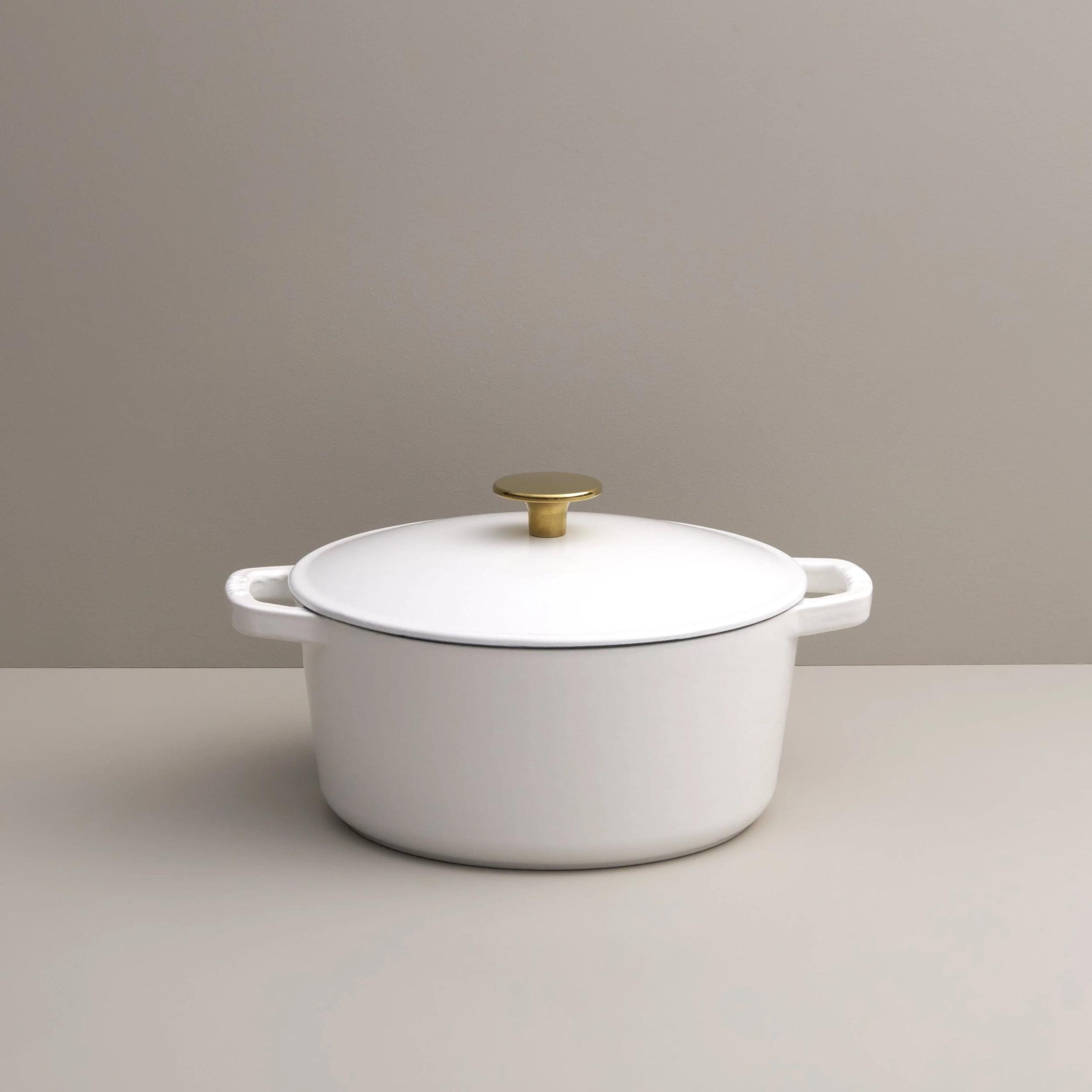 White Enameled Cast Iron 3.5 Quart Dutch Oven with Gold Knob