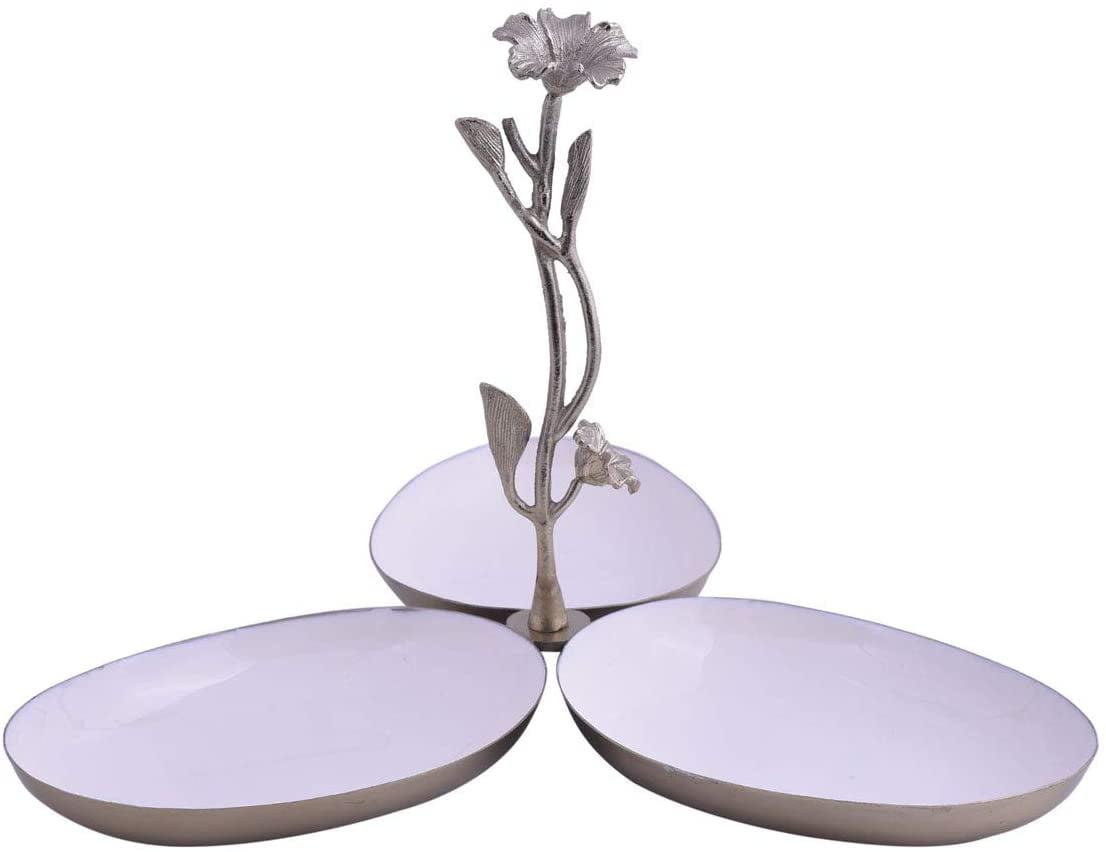 3 Bowl Condiment Server-White Condiment Server - Decorated Display Bowls-for Dining Table and Kitchen-with Rosemary Shaped Handle - 12 x 12 x 8 Inches