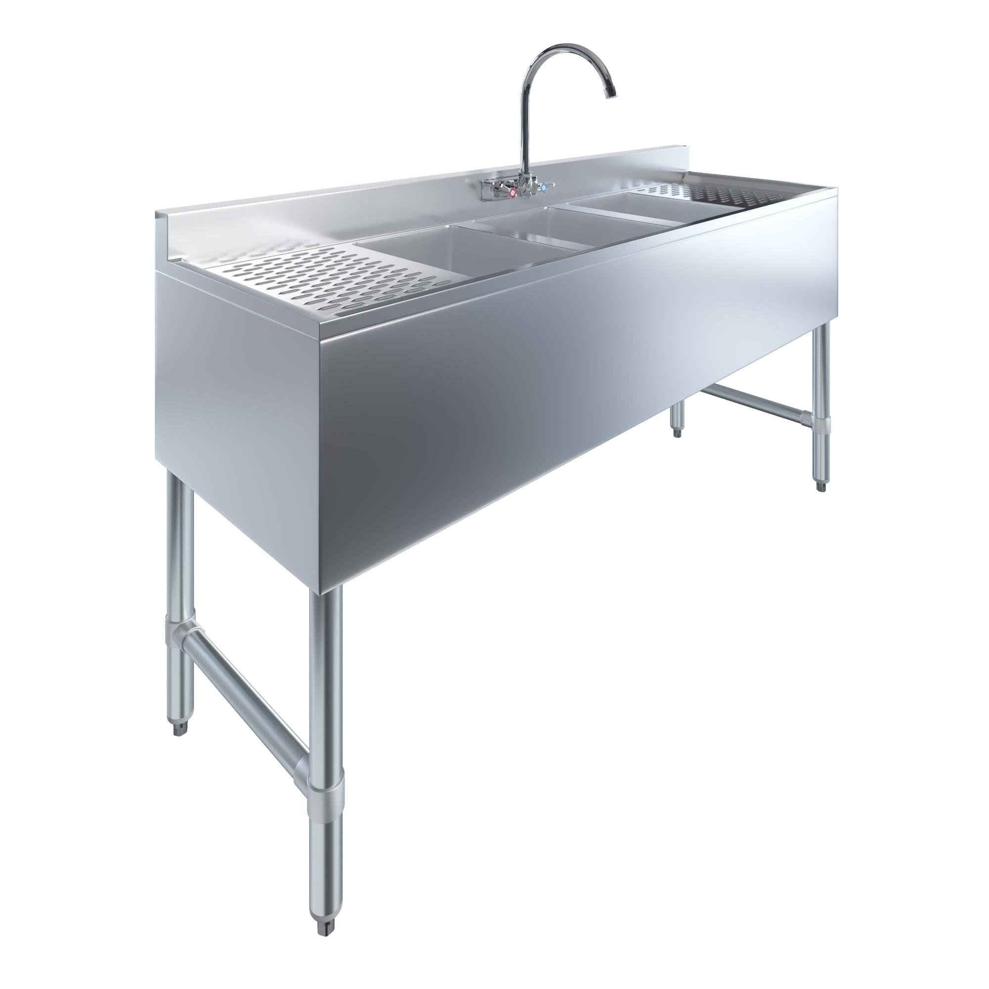 Stainless Steel 60" 3-Compartment Under Bar Sink with Drainboards