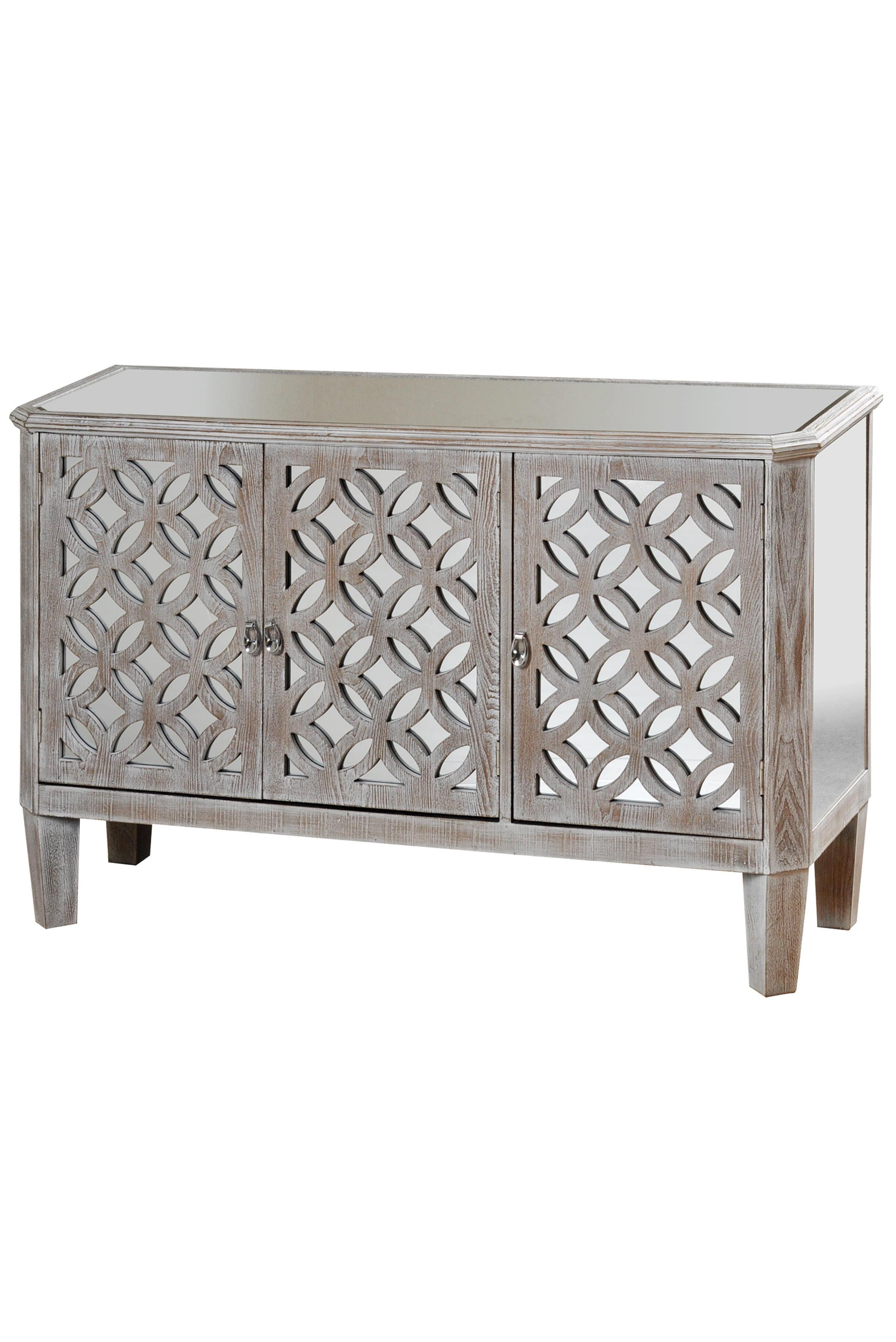 Driftwood Gray Mirrored Filigree 3-Door Cabinet