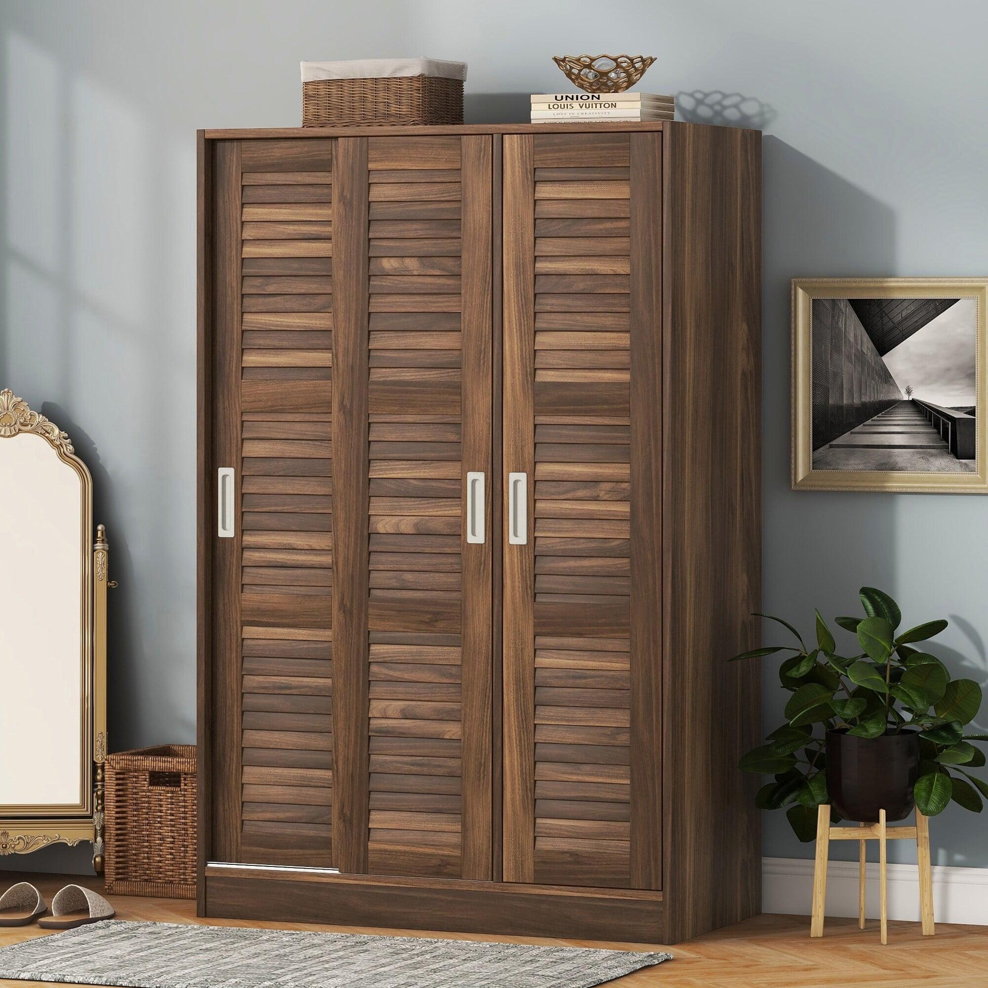 Walnut 3-Door Shutter Wardrobe with Shelves and Hanging Rod