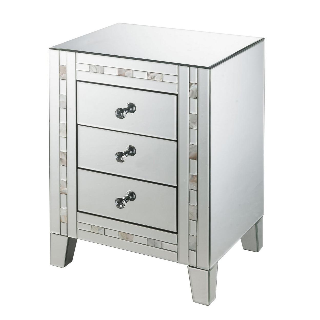 Elegant Silver 3-Drawer Mirrored Nightstand with Pearl Accents