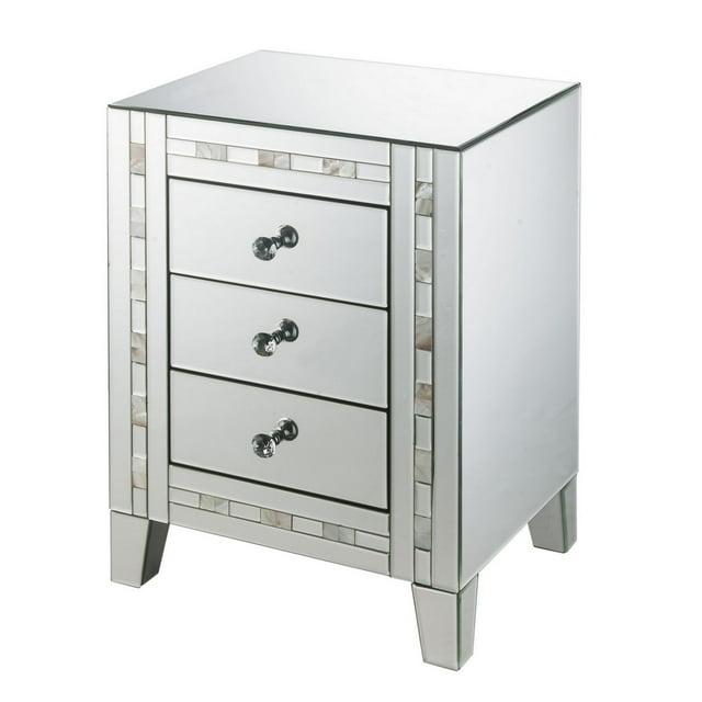 3 Drawer Beveled Mirrored Accent Table with Pearl Inlay Silver - Saltoro Sherpi