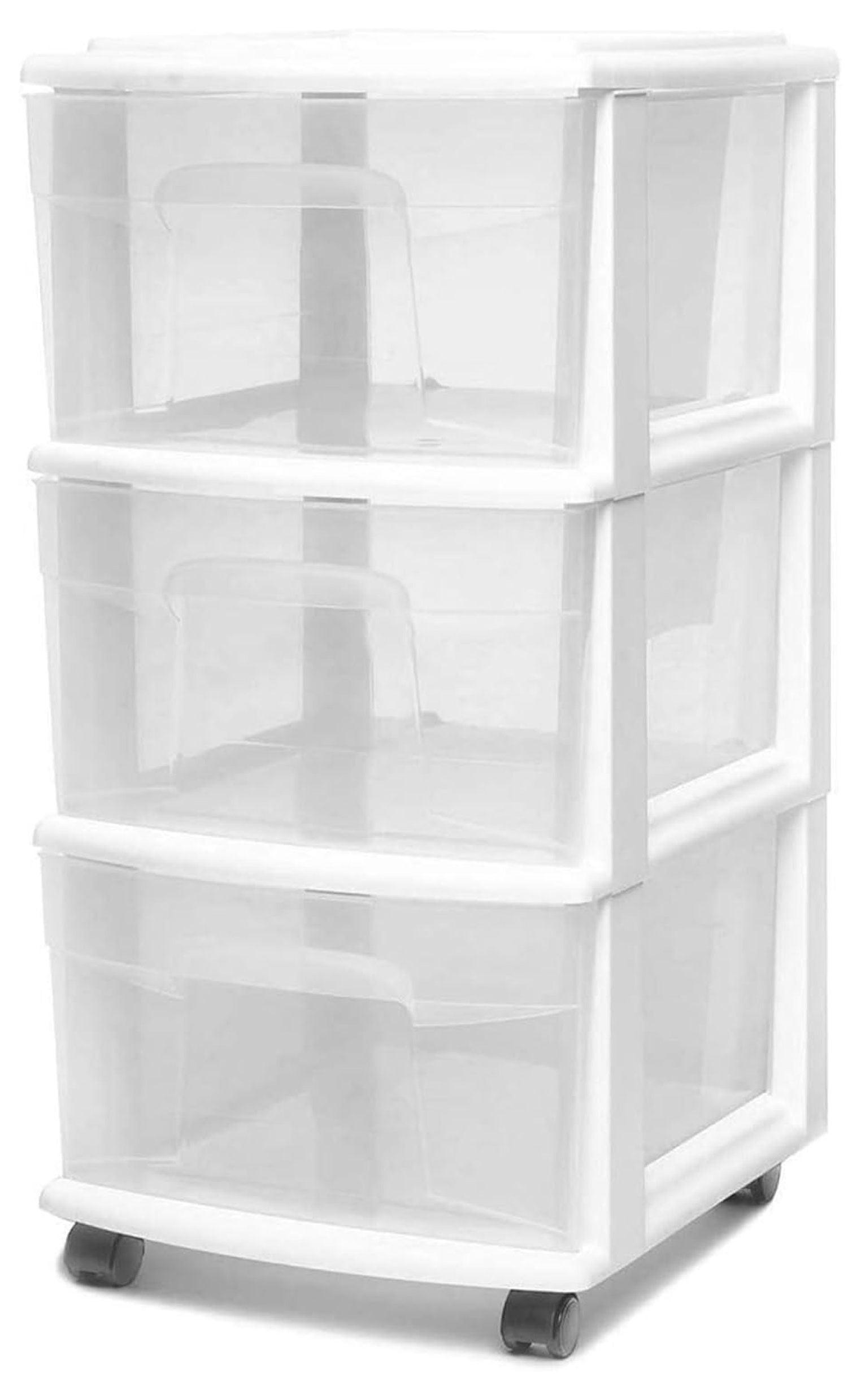 Open Box Plastic 3 Drawer M Storage Container Tower, Clear Drawers/White Frame