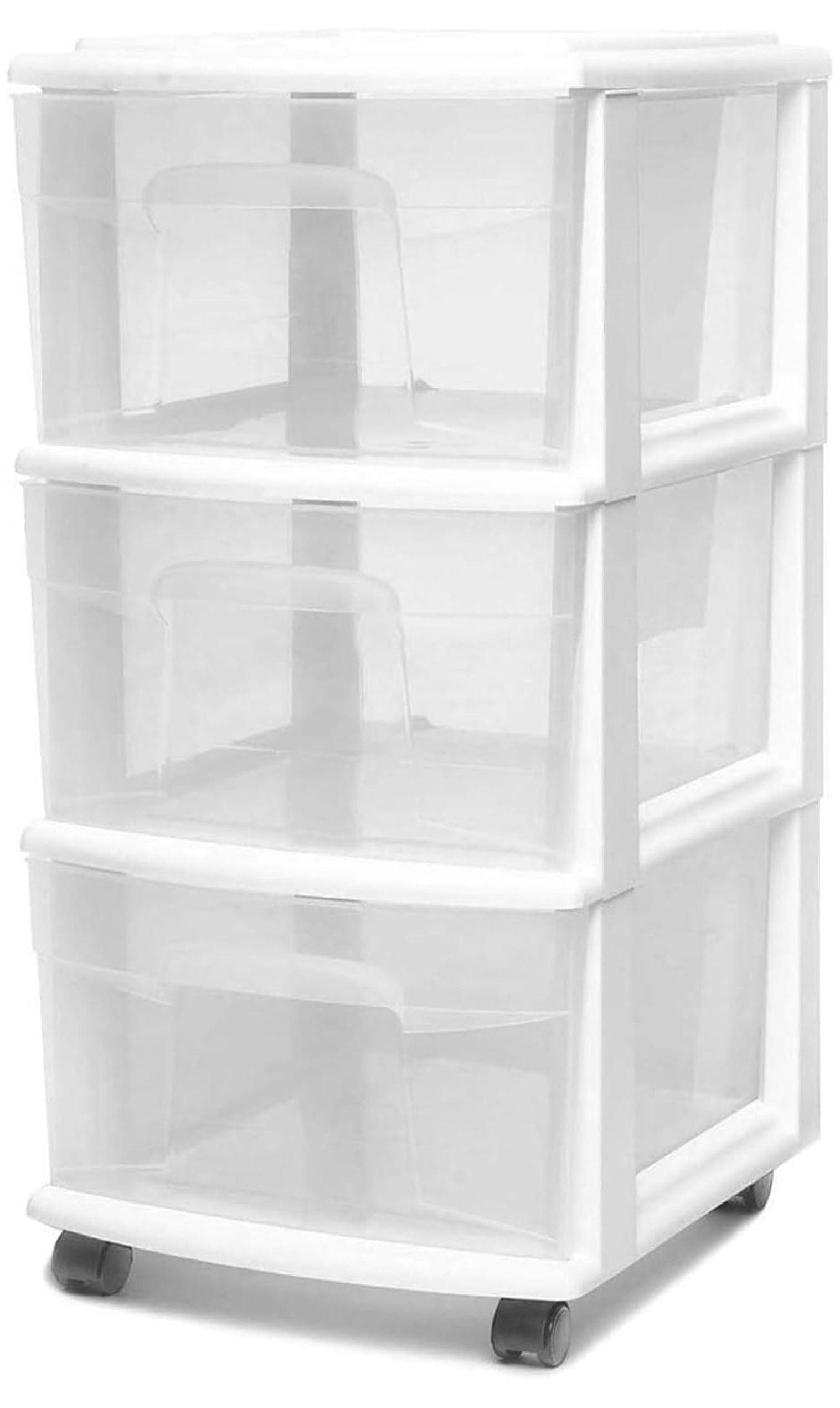 Open Box Plastic 3 Drawer M Storage Container Tower, Clear Drawers/White Frame