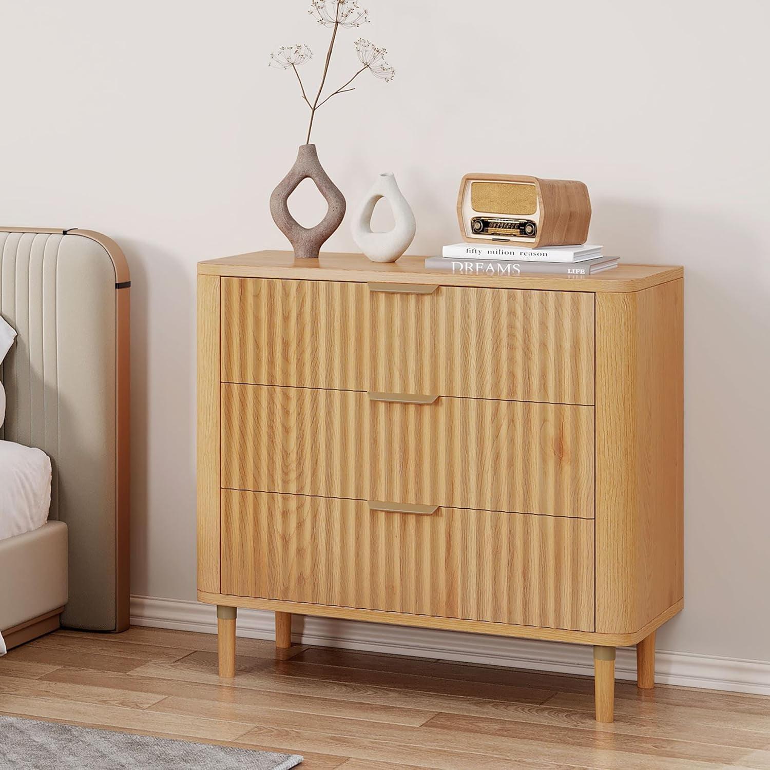 Natural Oak 3-Drawer Dresser with Waveform Fluted Panel