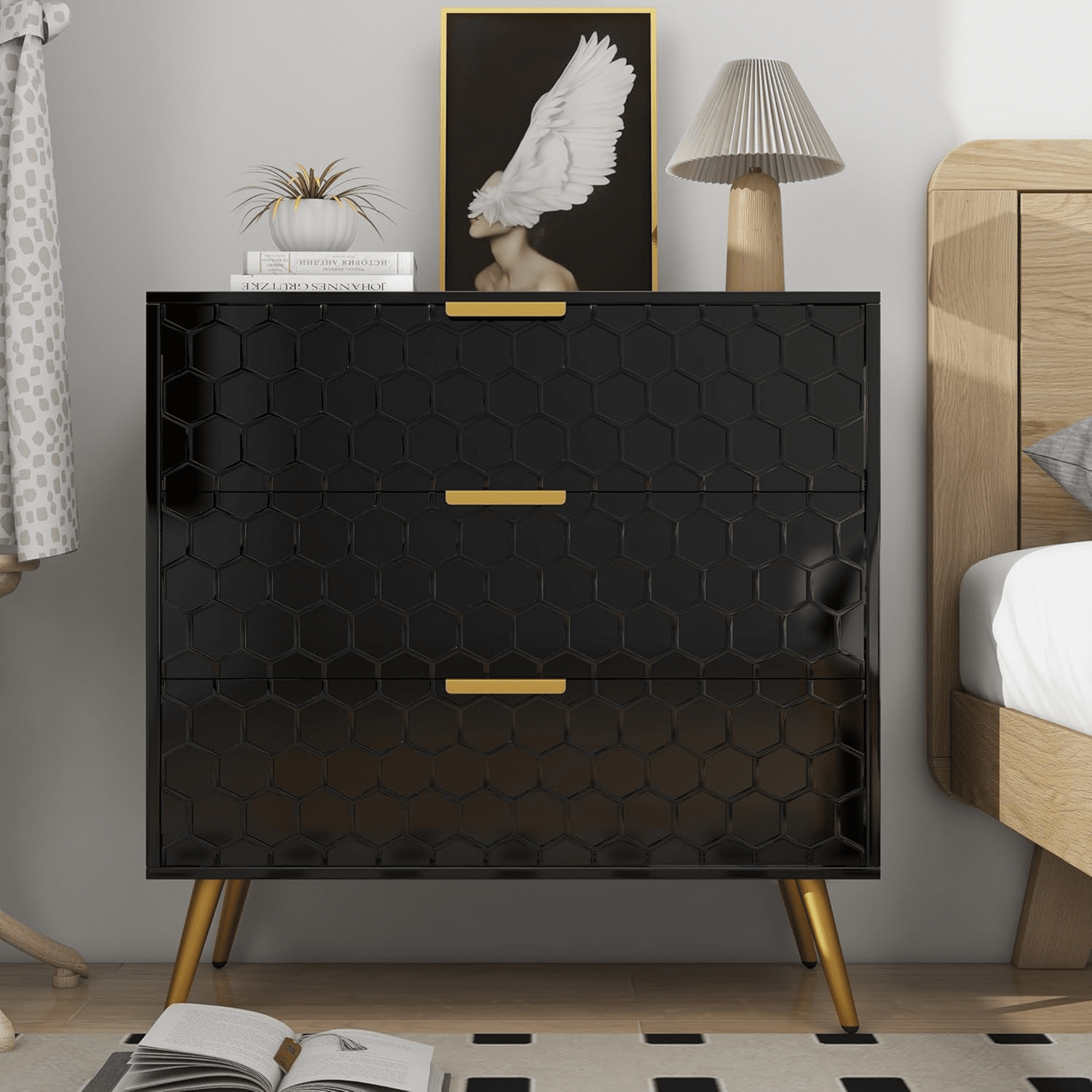 Black Honeycomb Pattern 3-Drawer Dresser with Gold Legs