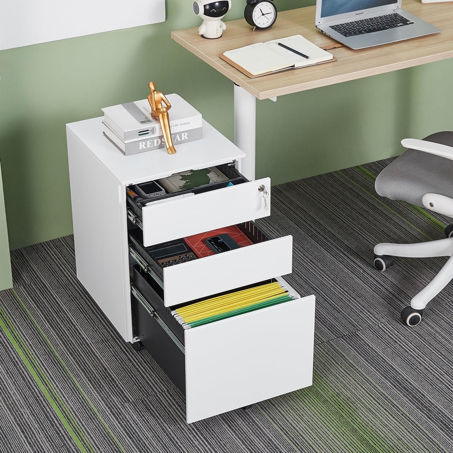 3 Drawer Mobile File Cabinet with Lock, Under Desk Metal Filing Cabinet for Legal/Letter/A4 File, Fully Assembled Except Wheels, 15.35W*17.71D*23.62H, White