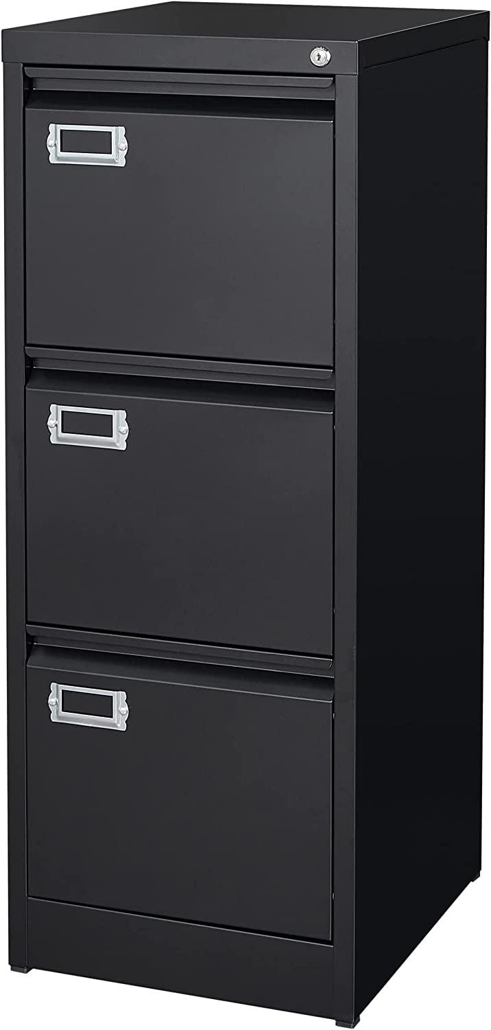 3 Drawer File Cabinet with Lock Metal Vertical File Cabinet Office Home Narrow File Cabinet for A4 Legal/Letter Size,Assembly Required (Black, 3 Drawers-Vertical)