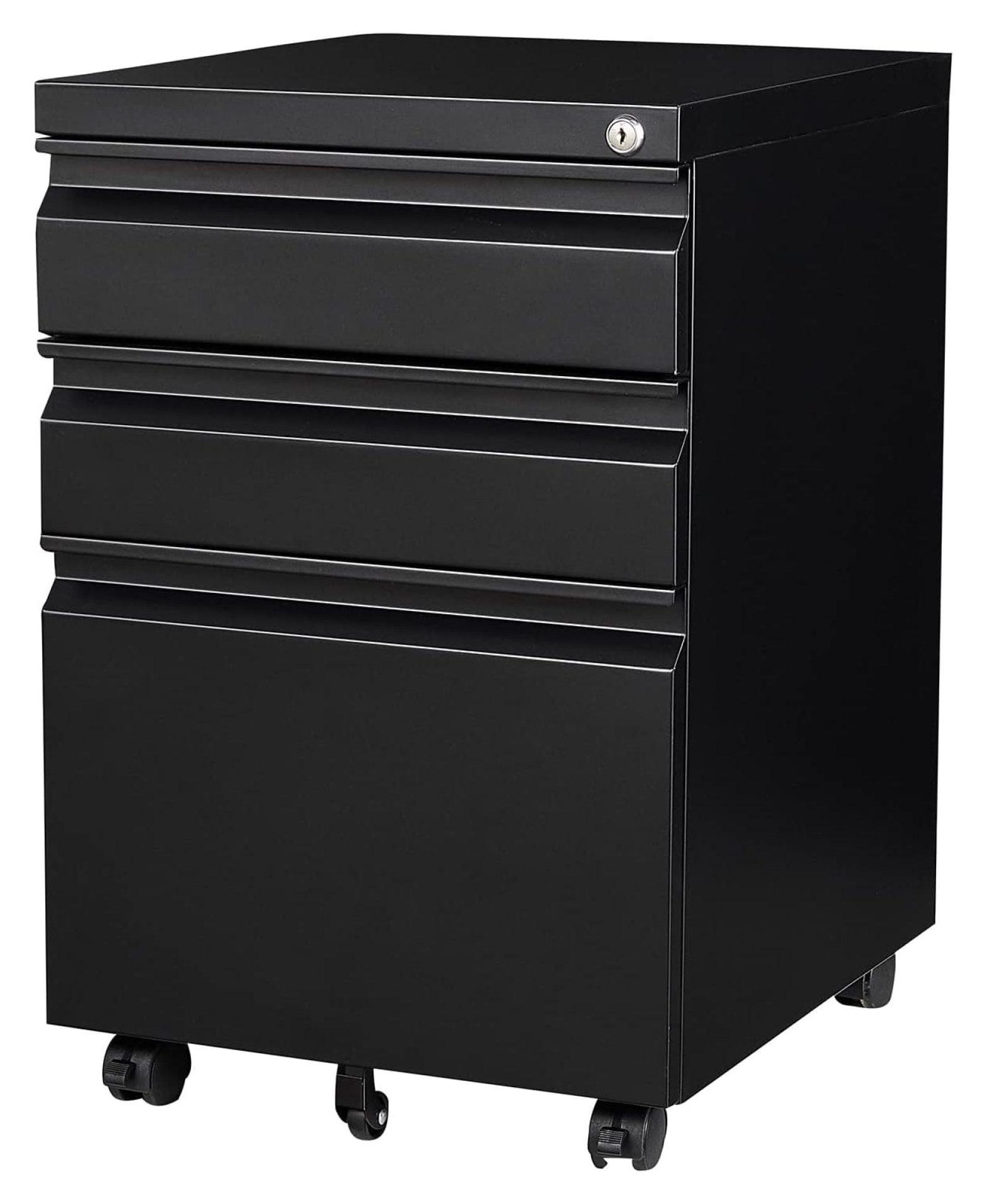 Matte Black 3-Drawer Lockable Mobile File Cabinet