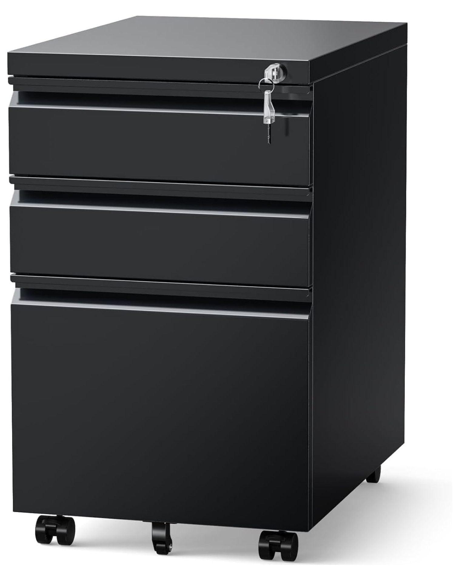 MIIIKO File Cabinet 3 Drawers on Wheels Under Desk, Black Metal Rolling File Cabinets with Lock for Home Office, Un-Assembled Filing Cabinet with Lock