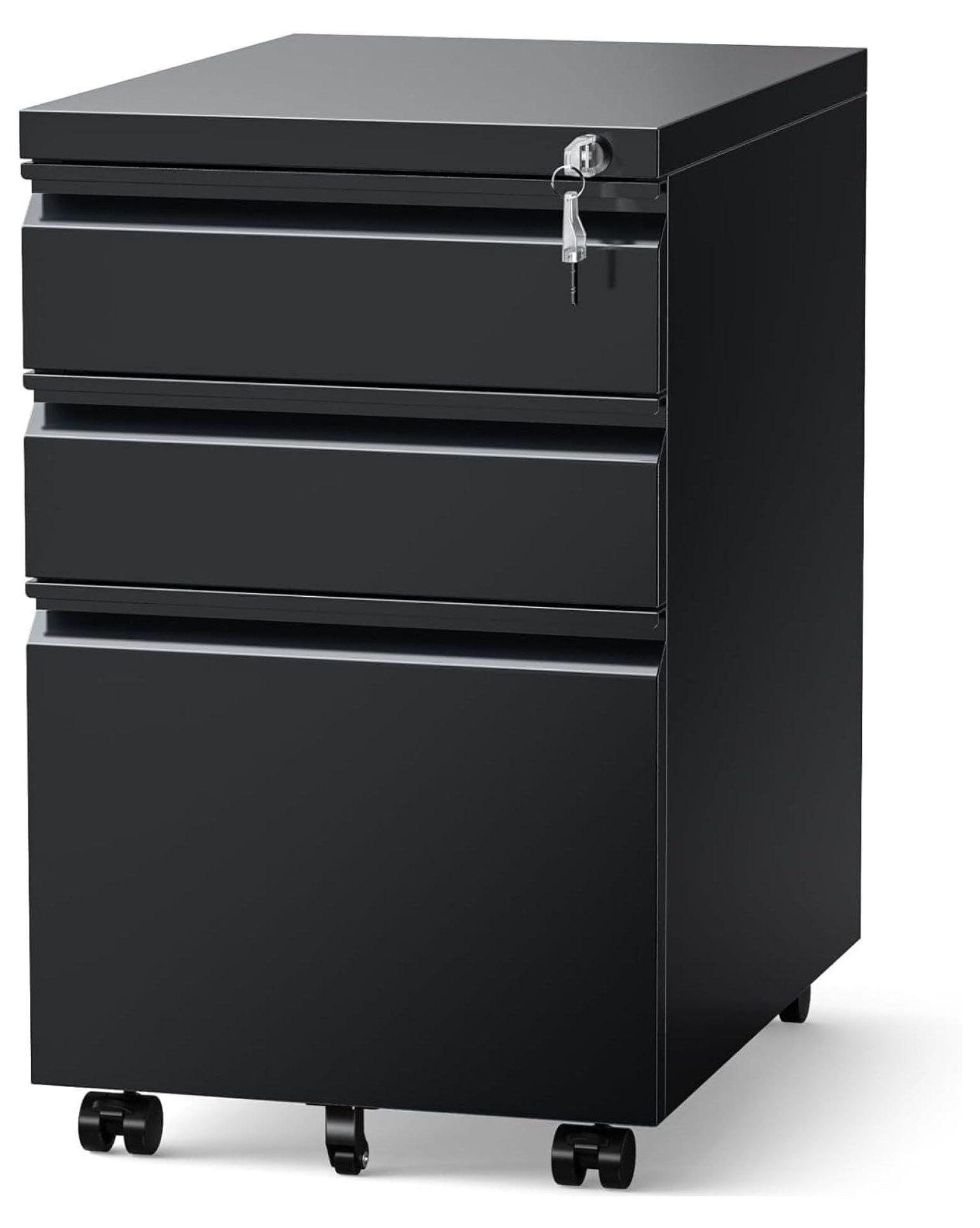 MIIIKO File Cabinet 3 Drawers on Wheels Under Desk, Black Metal Rolling File Cabinets with Lock for Home Office, Un-Assembled Filing Cabinet with Lock