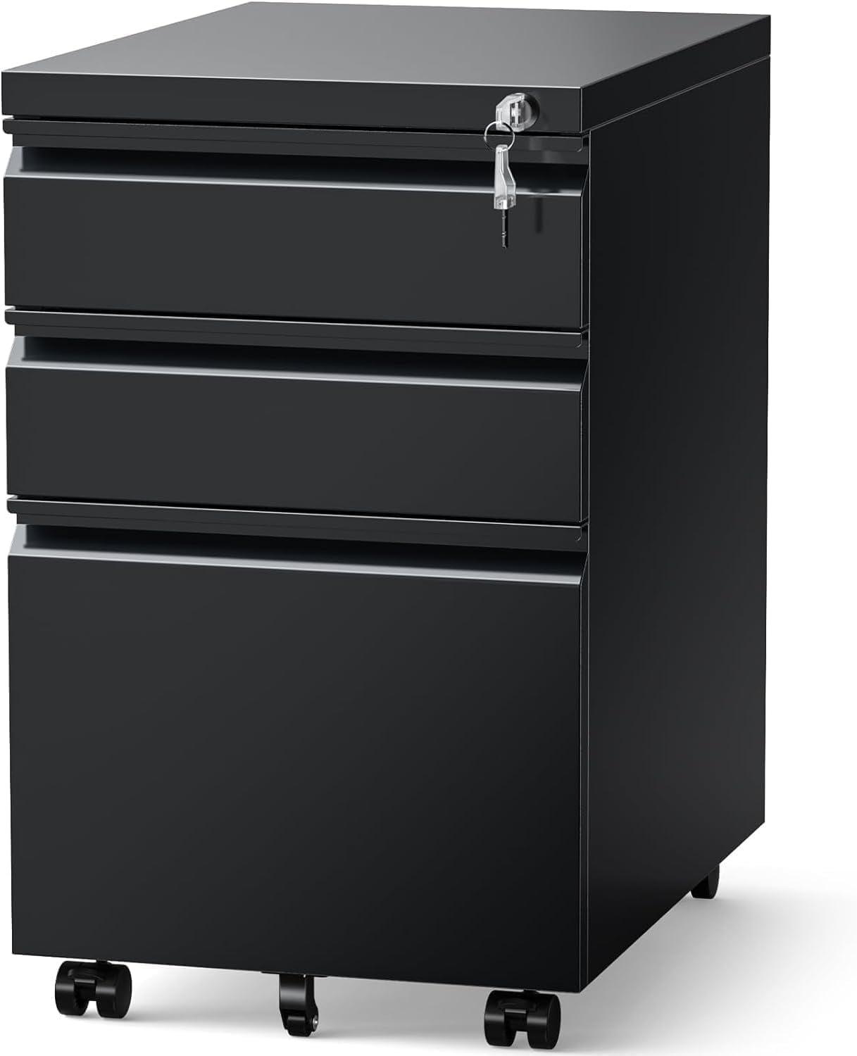 MIIIKO File Cabinet 3 Drawers on Wheels Under Desk, Black Metal Rolling File Cabinets with Lock for Home Office, Un-Assembled Filing Cabinet with Lock