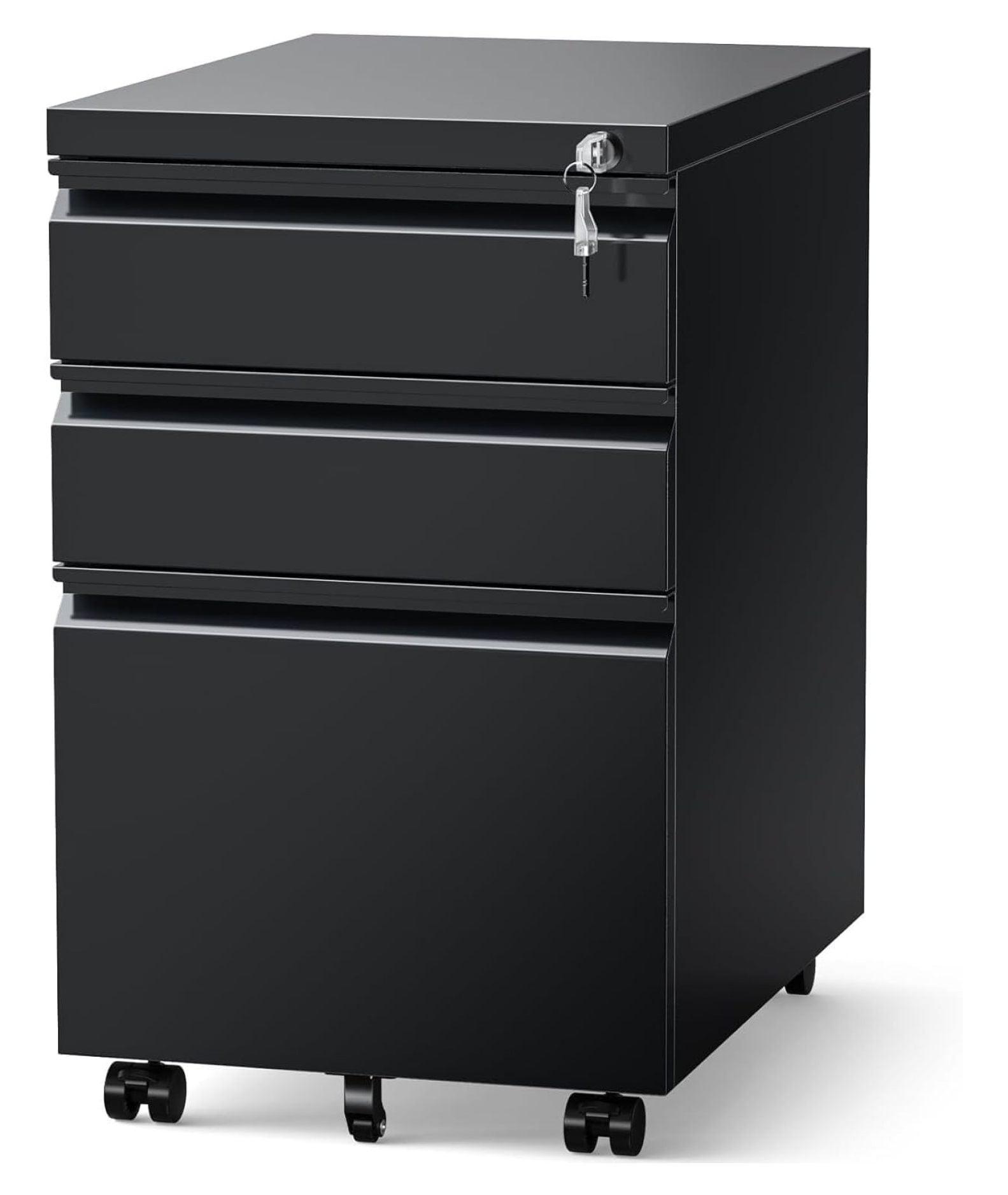 MIIIKO File Cabinet 3 Drawers on Wheels Under Desk, Black Metal Rolling File Cabinets with Lock for Home Office, Un-Assembled Filing Cabinet with Lock