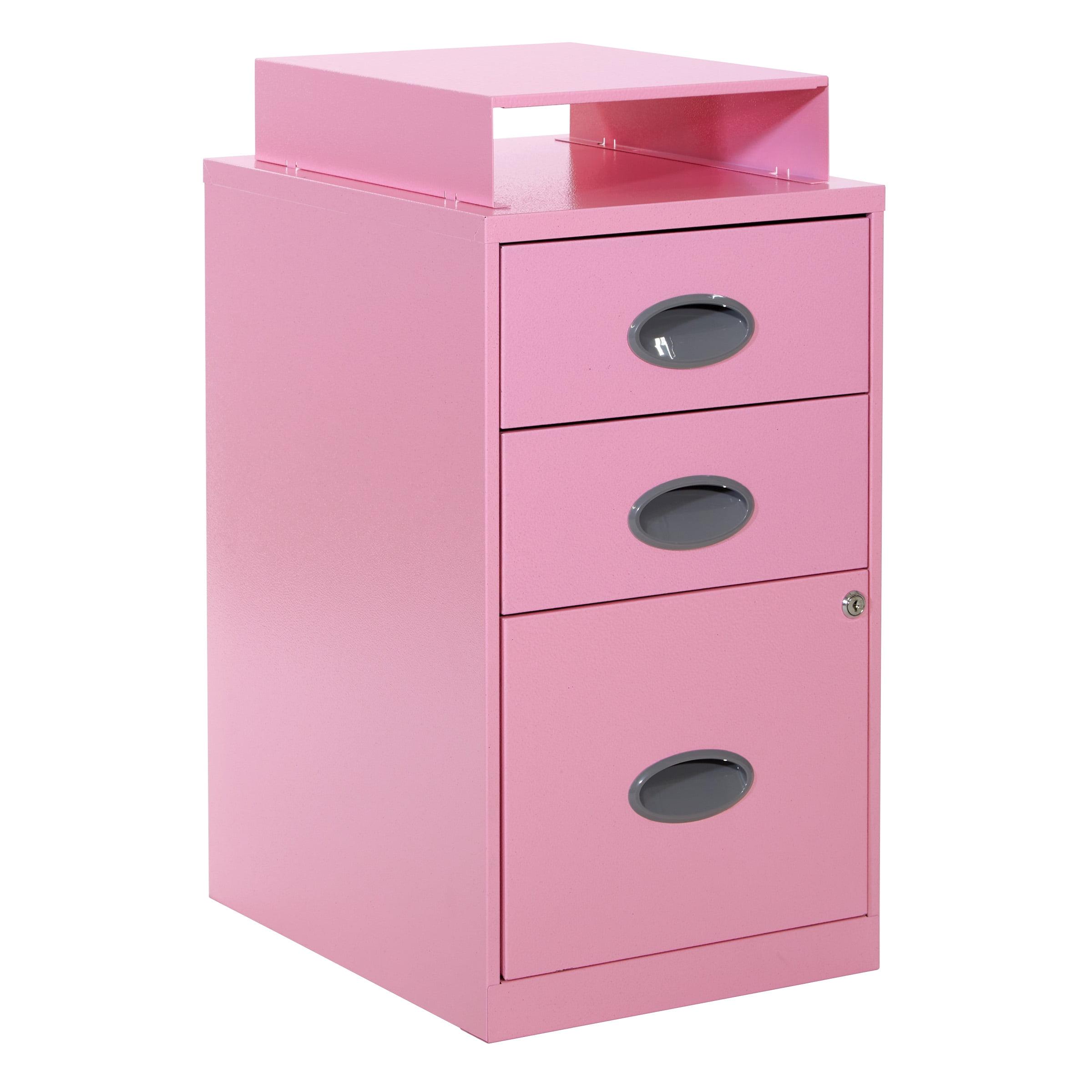 3 Drawer Locking Metal File Cabinet w/ Top Shelf in Pink