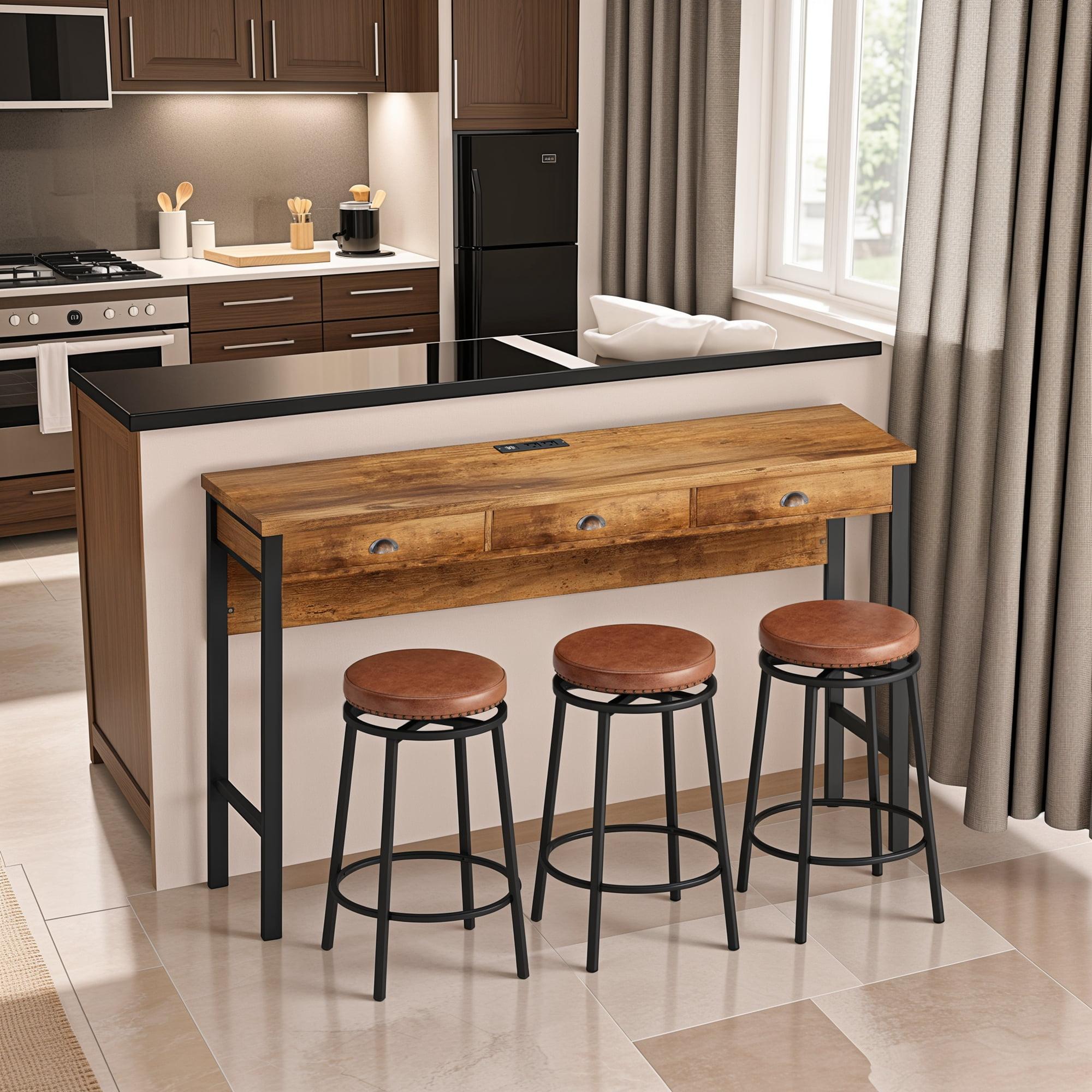 Brown MDF and Metal 3-Drawer Dining Table Set with PU Stools