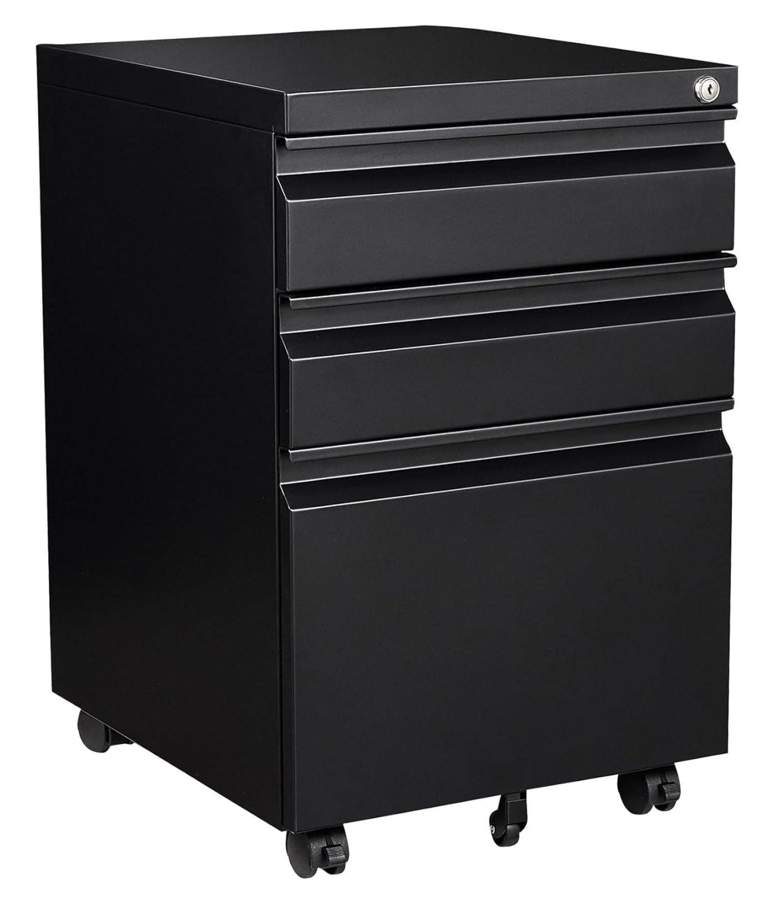 Black Mobile 3-Drawer Lockable Metal File Cabinet