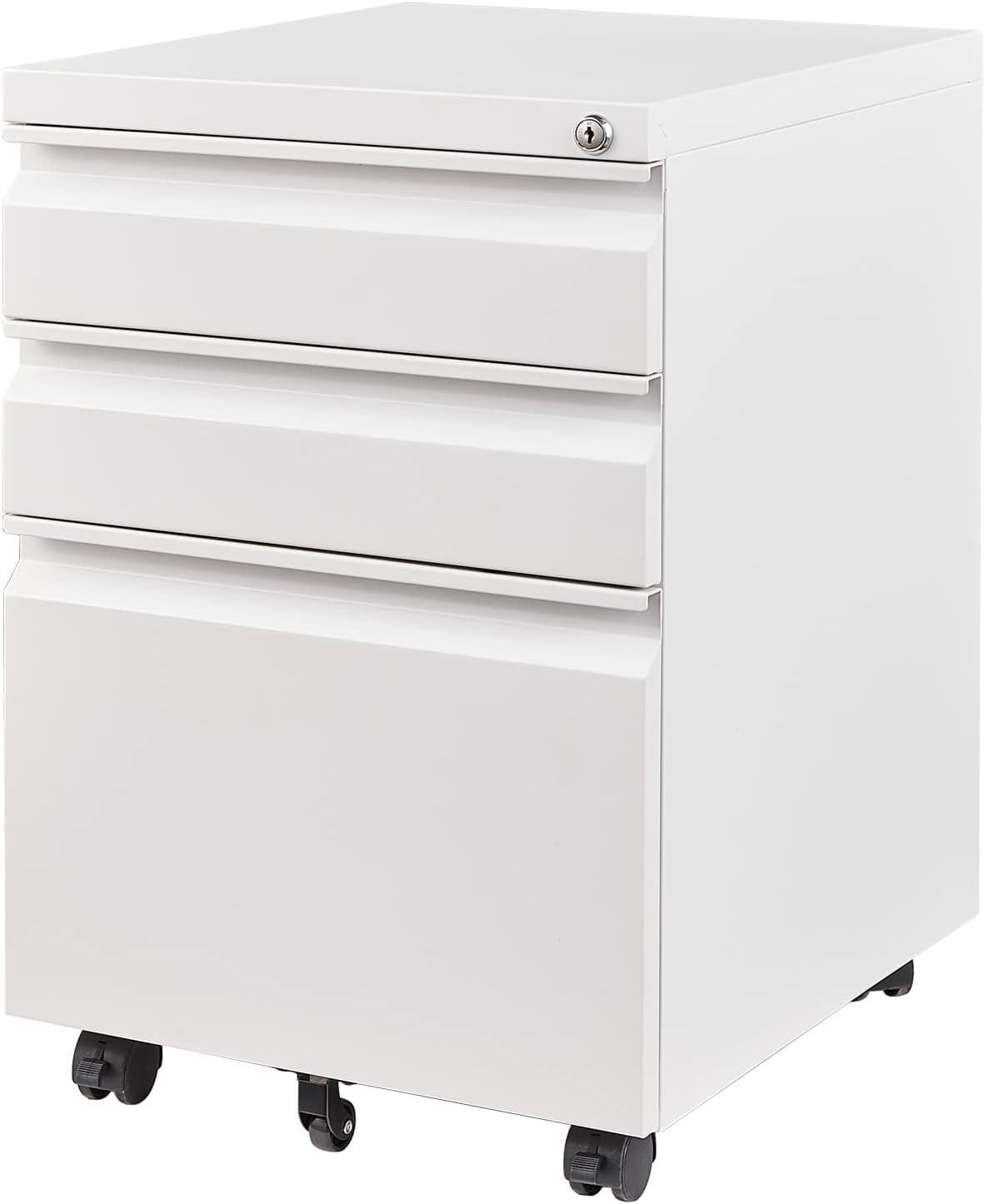 3 Drawers File Cabinet with Lock Metal Vertical File Cabient with Wheels Mobile File Cabinet for Office Home Assembly Required (White)