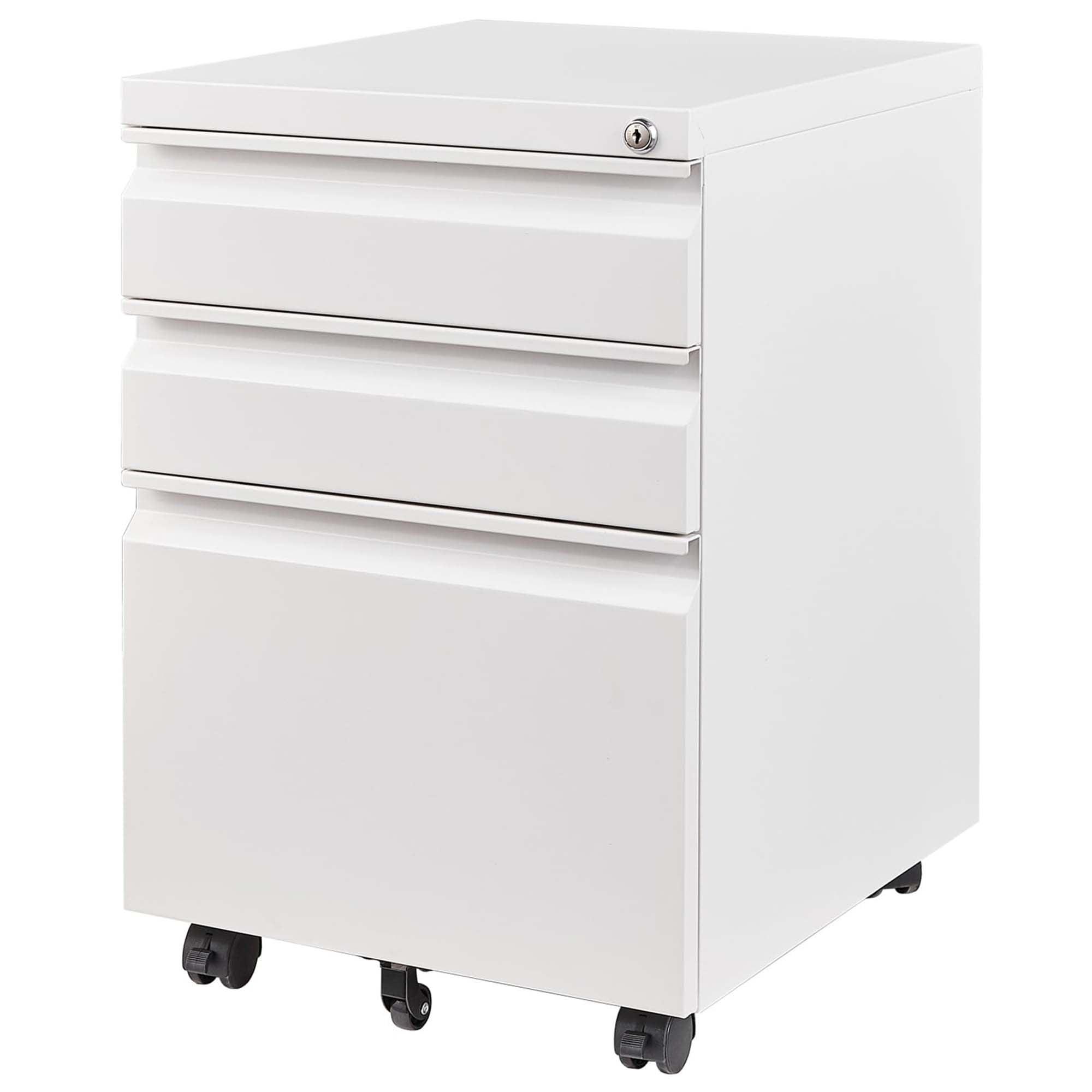 3 Drawers File Cabinet with Lock Metal Vertical File Cabient with Wheels Mobile File Cabinet for Office Home Assembly Required (White)