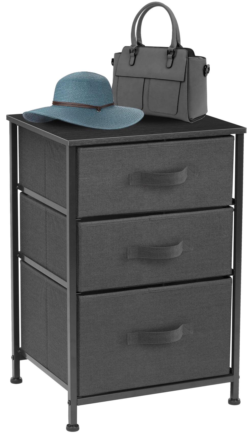 Compact Black 3-Drawer Nightstand with Steel Frame and Wood Top