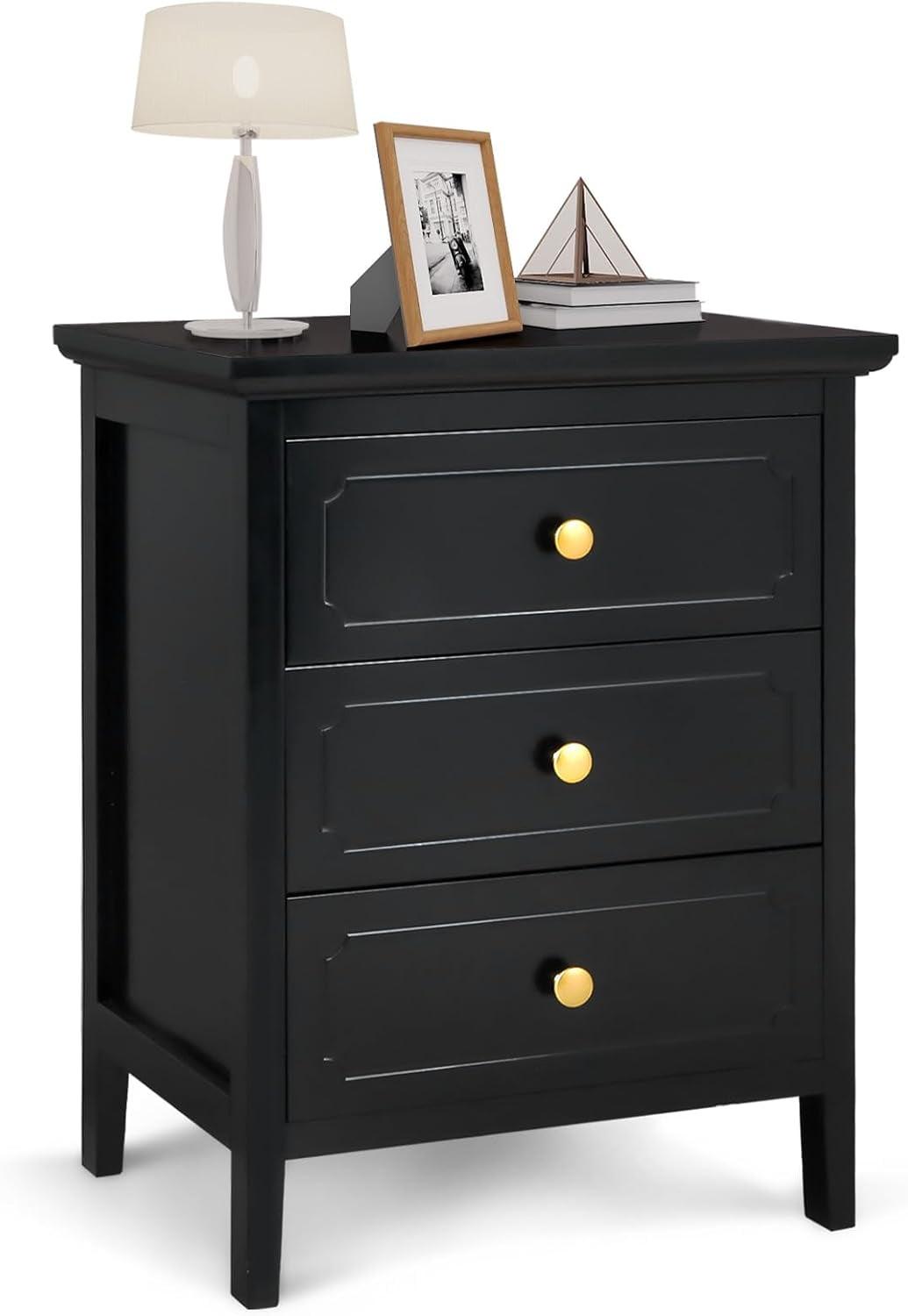 3 Drawer Nightstand Black Large Night Stands with Drawer 19 Inch Modern Bedside Table for Bedrooms Wooden