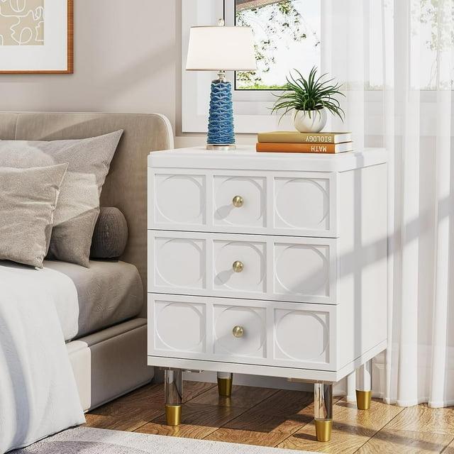 White Gold Nightstand Bedside Table with 3 Drawers White+Gold
