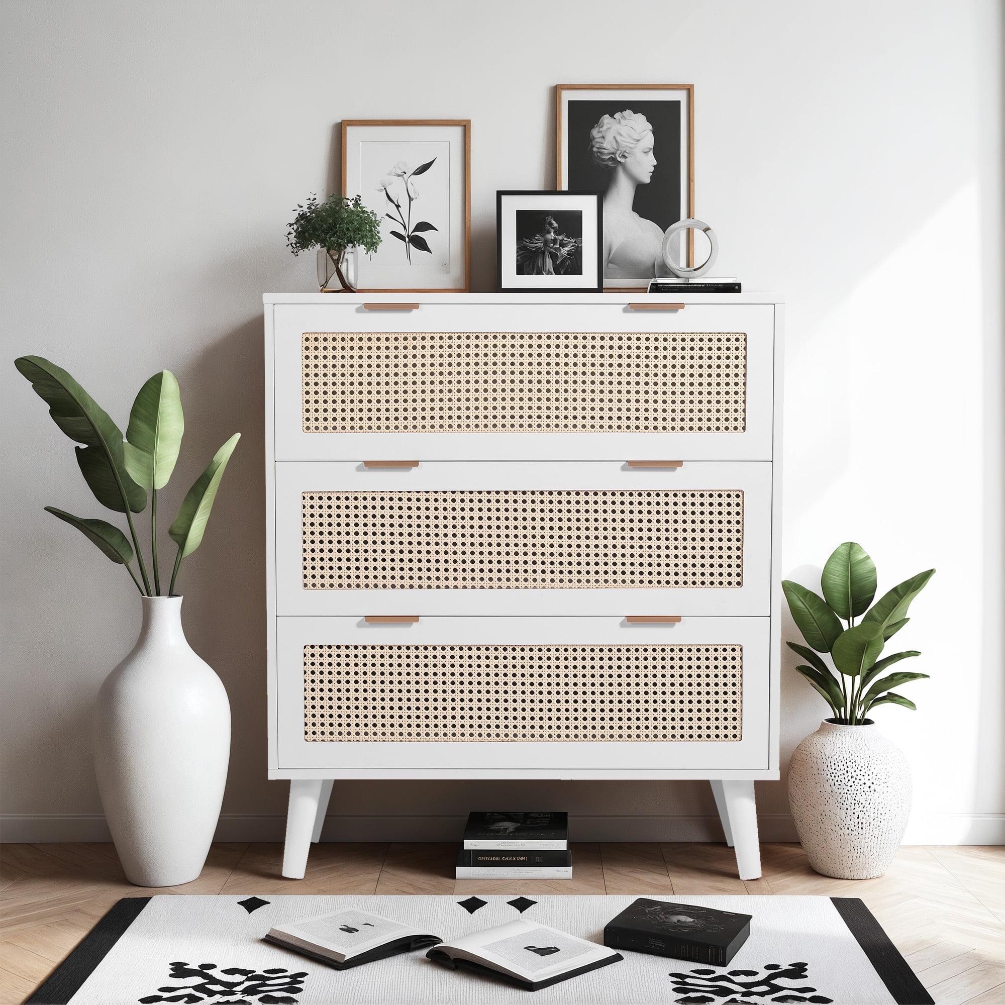Latitude Run® 6-Drawer Dresser w/LED Lights and Power Outlet,Rattan Storage Cabinet,Living Room Organizer
