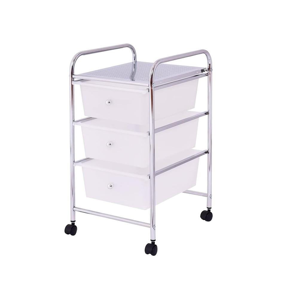 White 3-Drawer Rolling Storage Cart with Chrome Frame