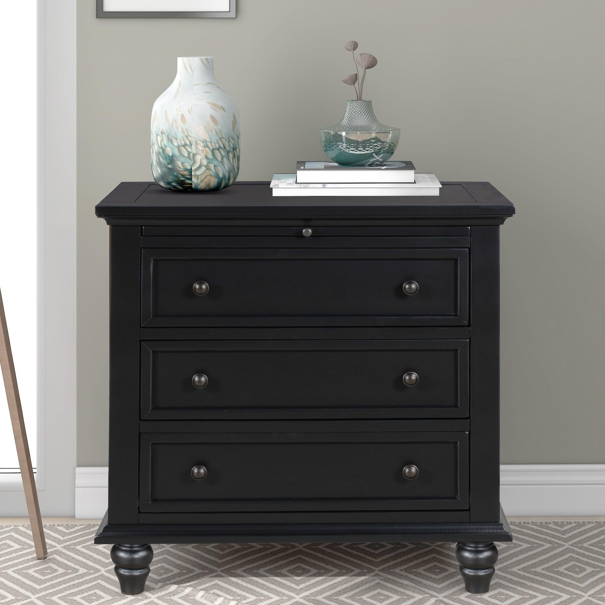 Black Pine Wood 3-Drawer Nightstand with Pull-Out Tray