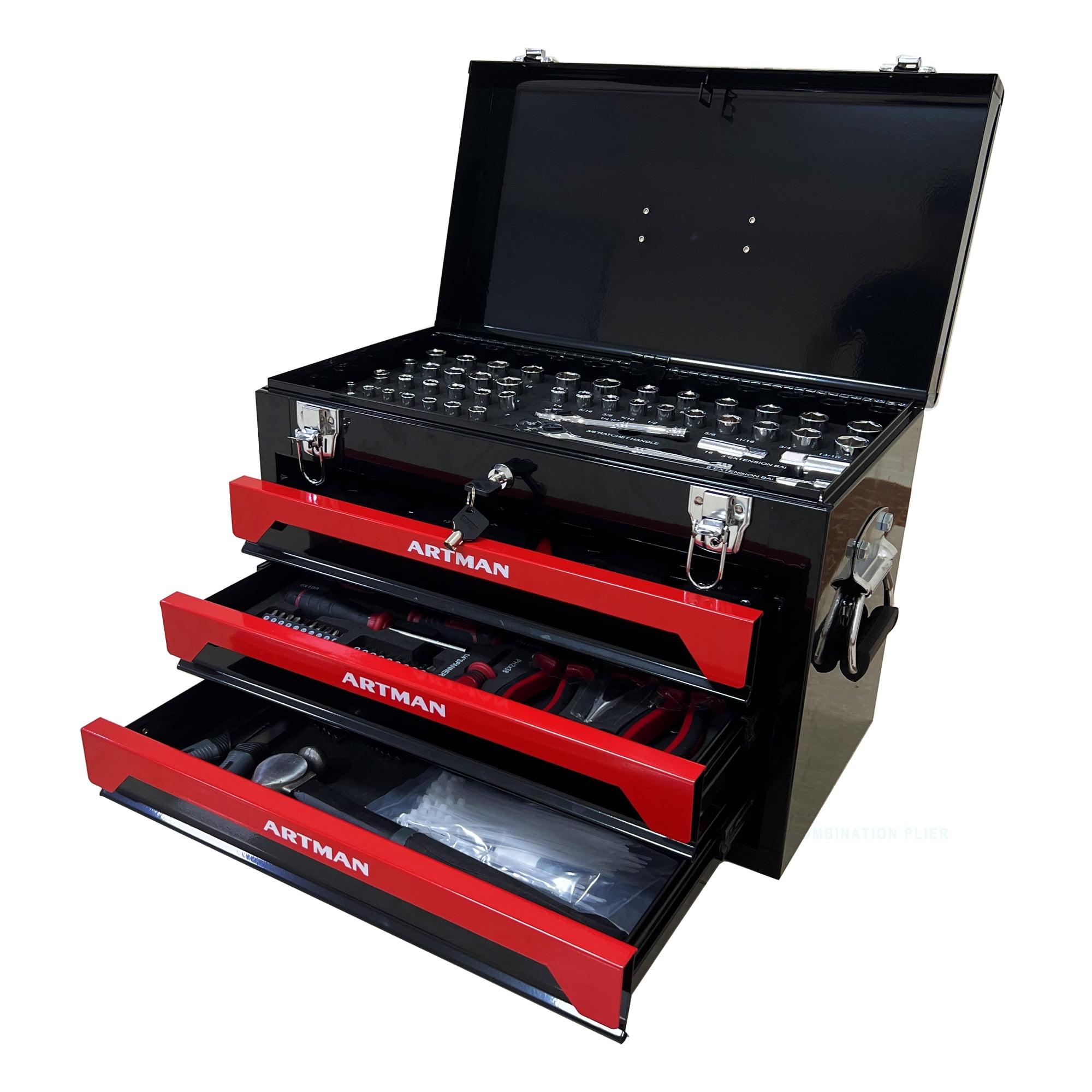 Black and Red 3-Drawer Steel Tool Box with Tool Set