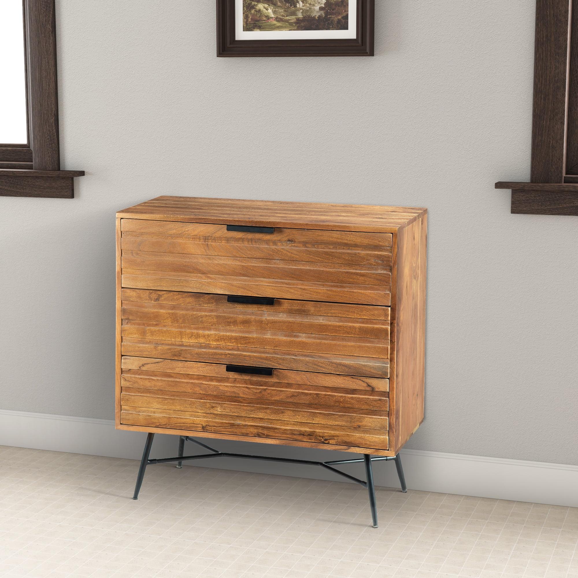 Lancaster Acacia Wood 3-Drawer Chest with Metal Base, Brown and Black