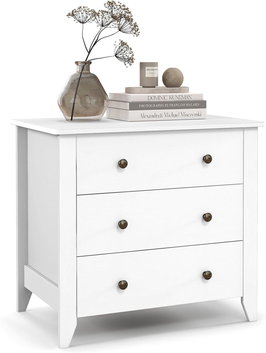 Tangkula 3 Drawer Dresser Chest of Drawers Bedside Table for Living Room Bedroom White