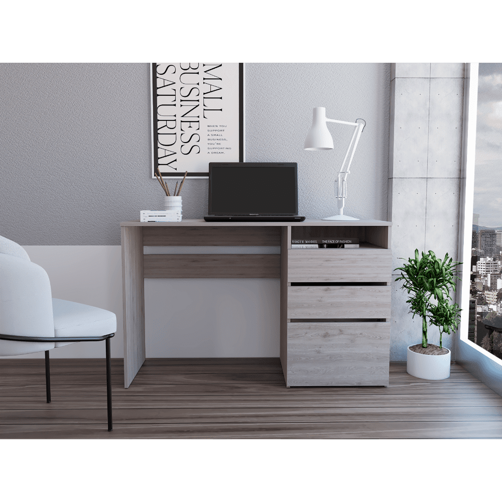 Light Gray Wood Computer Desk with 3 Drawers