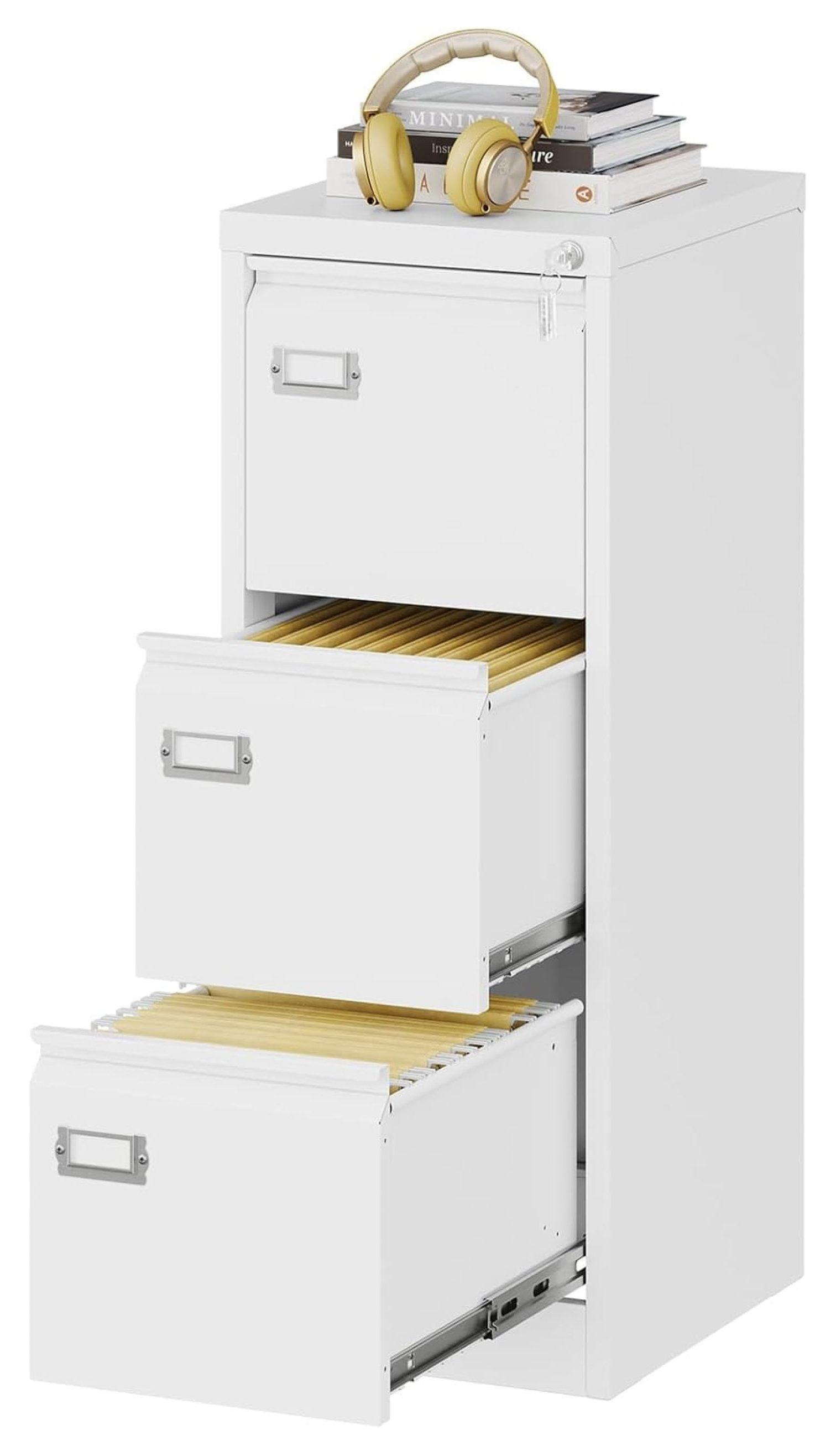 White Metal 3-Drawer Lockable File Cabinet with Wheels